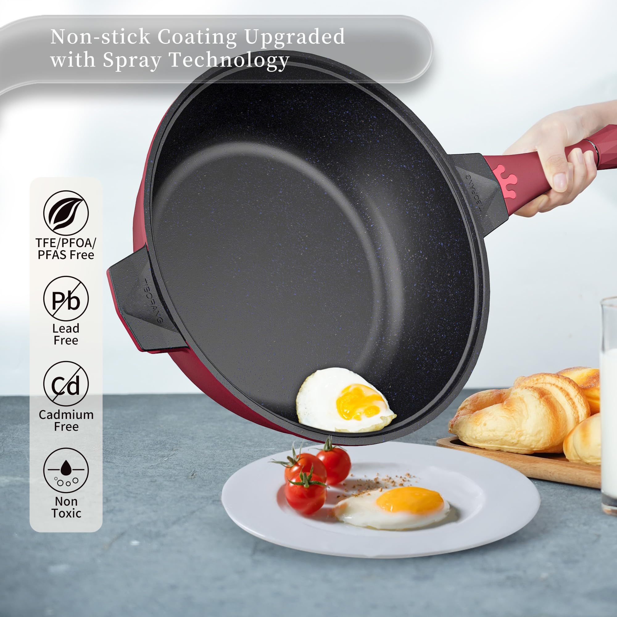 TIBORANG 8-in-1 Nonstick Deep Fry Pan with Glass Lid - 11 Inch 5 Quart Multi-Purpose Cookware with Heat Indicator, Stay-Cool Handle & Steamer Rack - PFOA-Free, Dishwasher & Oven Safe - Works with All Stovetops (Ruby Red) - Perfect for Frying, Steaming, Sautéing & Baking