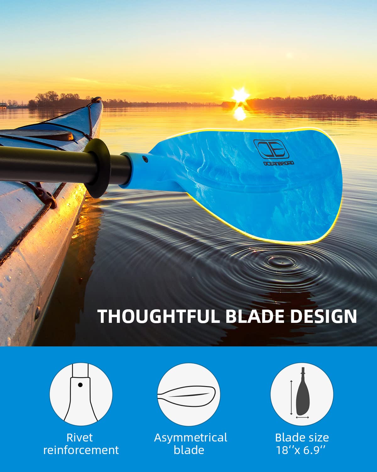 OCEANBROAD Adjustable Kayak Paddle 86-94 inches (220-240cm) - Lightweight Aluminum Shaft with Ergonomic Grip for Kayaking, Canoeing & Boating - Includes Paddle Leash for Secure Use on Lakes, Rivers & Coastal Waters