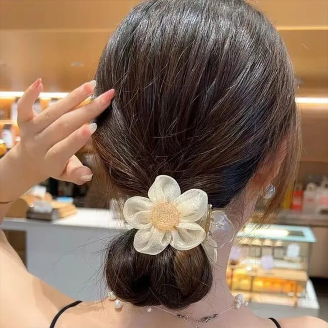 Korean Handmade Chiffon Rose Hair Clip - Elegant Bow Hair Claw for Women | 2-Pack Golden Hair Accessories | Perfect for Weddings, Parties & Everyday Styling