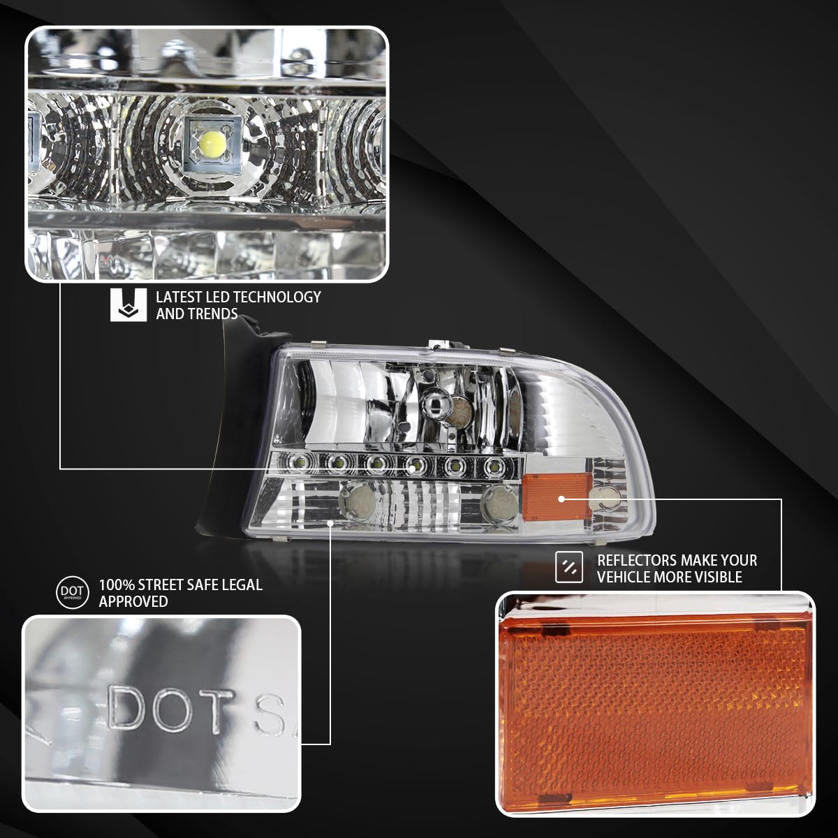 AUTOZENSATION LED Chrome Housing Clear Lens Headlights Pair - Compatible with 1997-2004 Dodge Dakota & 1998-2003 Dodge Durango - Upgrade for Night Driving & Off-Road Adventures