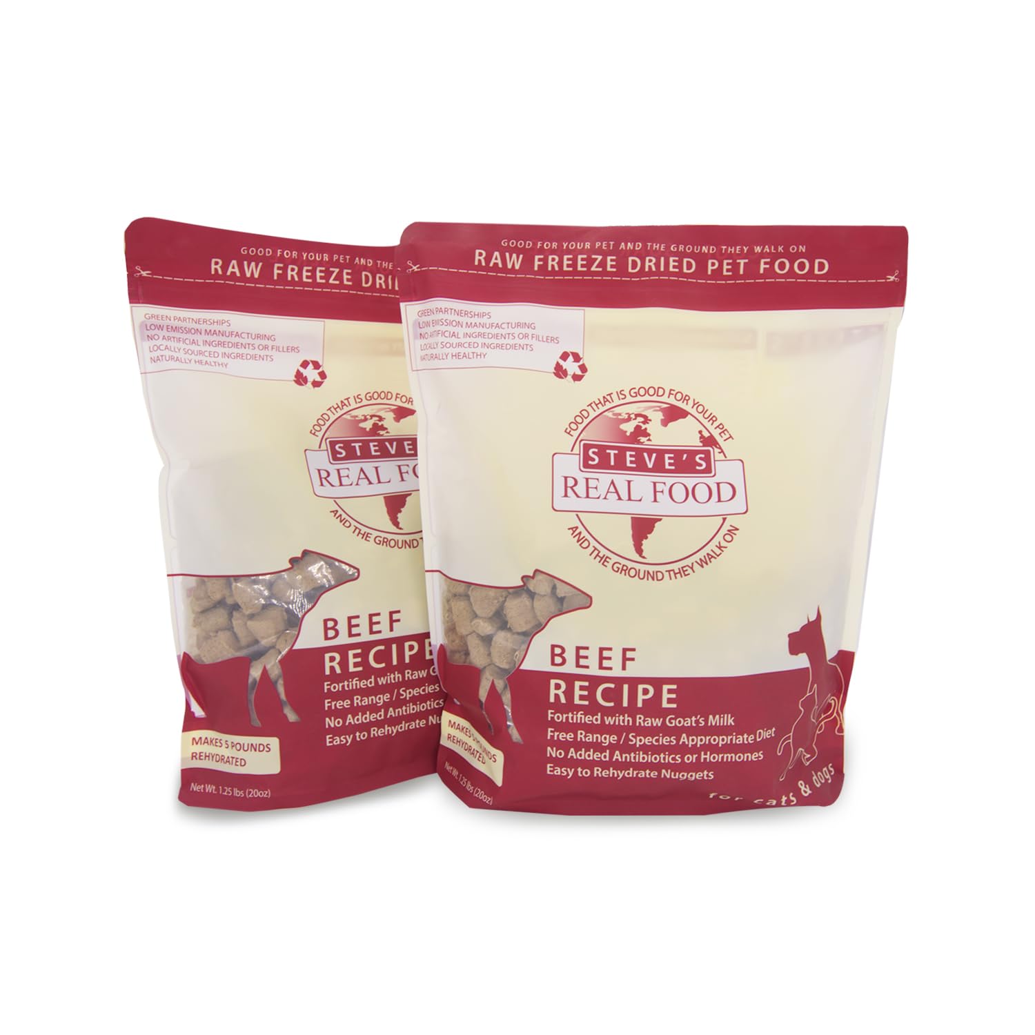 Steve's Real Food Freeze-Dried Raw Dog & Cat Food - 2 Pack Beef Recipe (1.25 lbs Each) | USA Made, Grass-Fed, Free-Range Nuggets | Perfect for Travel, Camping & Emergency Pet Food Supply