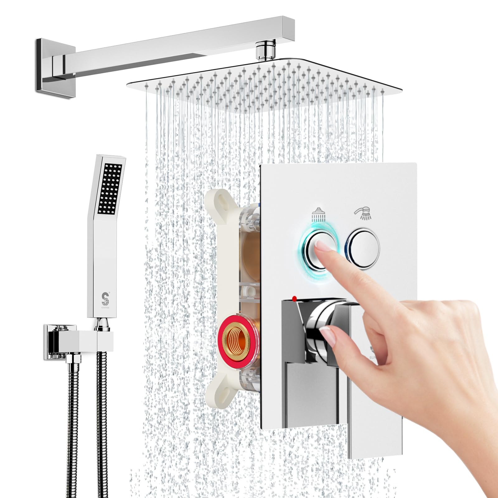 SR SUN RISE Luxury 10 Inch Rain Shower Head with Handheld Spray - High Pressure Shower System with Push Button Diverter & Rough-in Valve - Polished Chrome Finish for Bathroom & Spa Experience