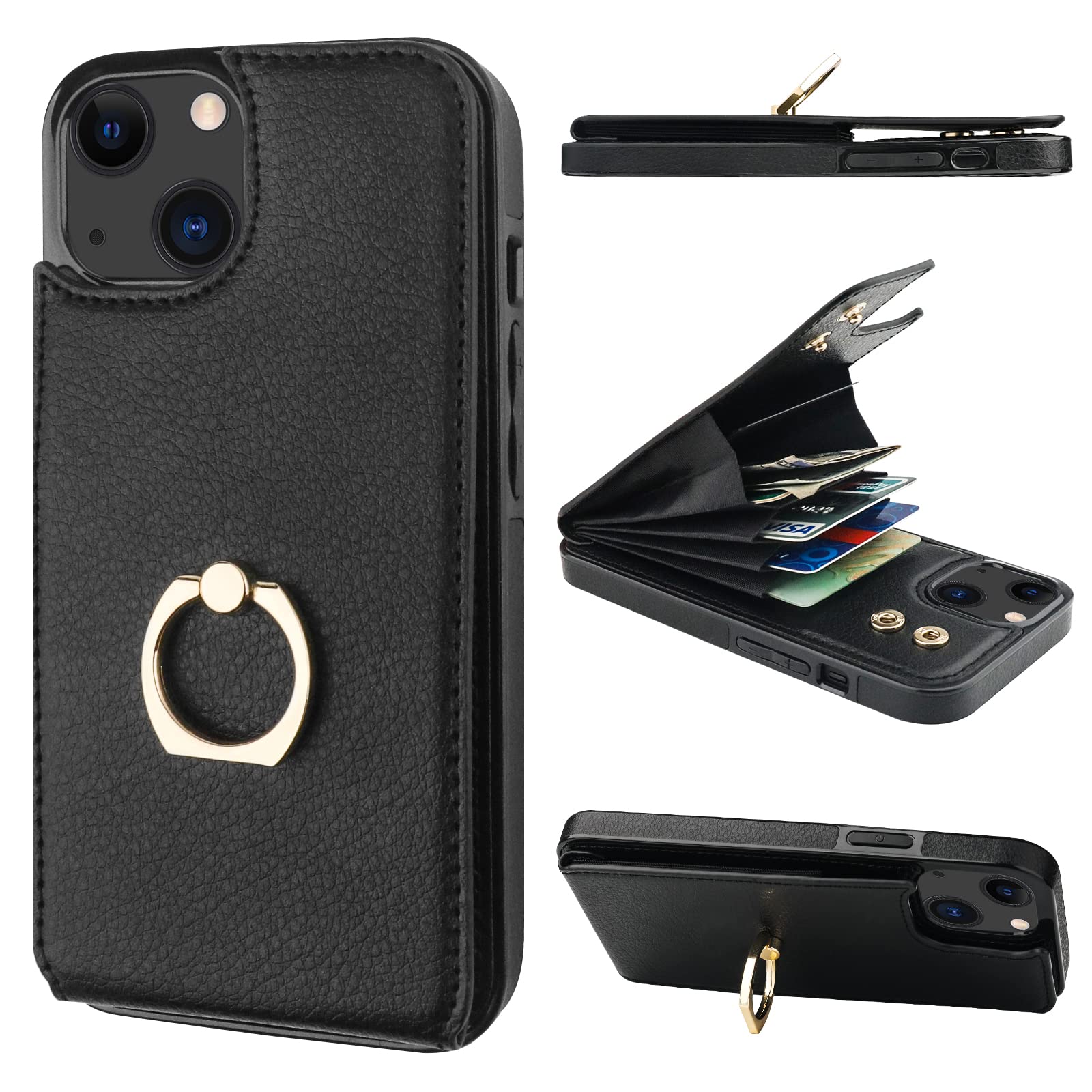 Folosu iPhone 13 Case Wallet with Card Holder - 360° Rotating Finger Ring Stand, RFID Blocking PU Leather Flip Cover with Shockproof Protection (6.1 Inch, Black) | Perfect for Work, Travel & Everyday Use