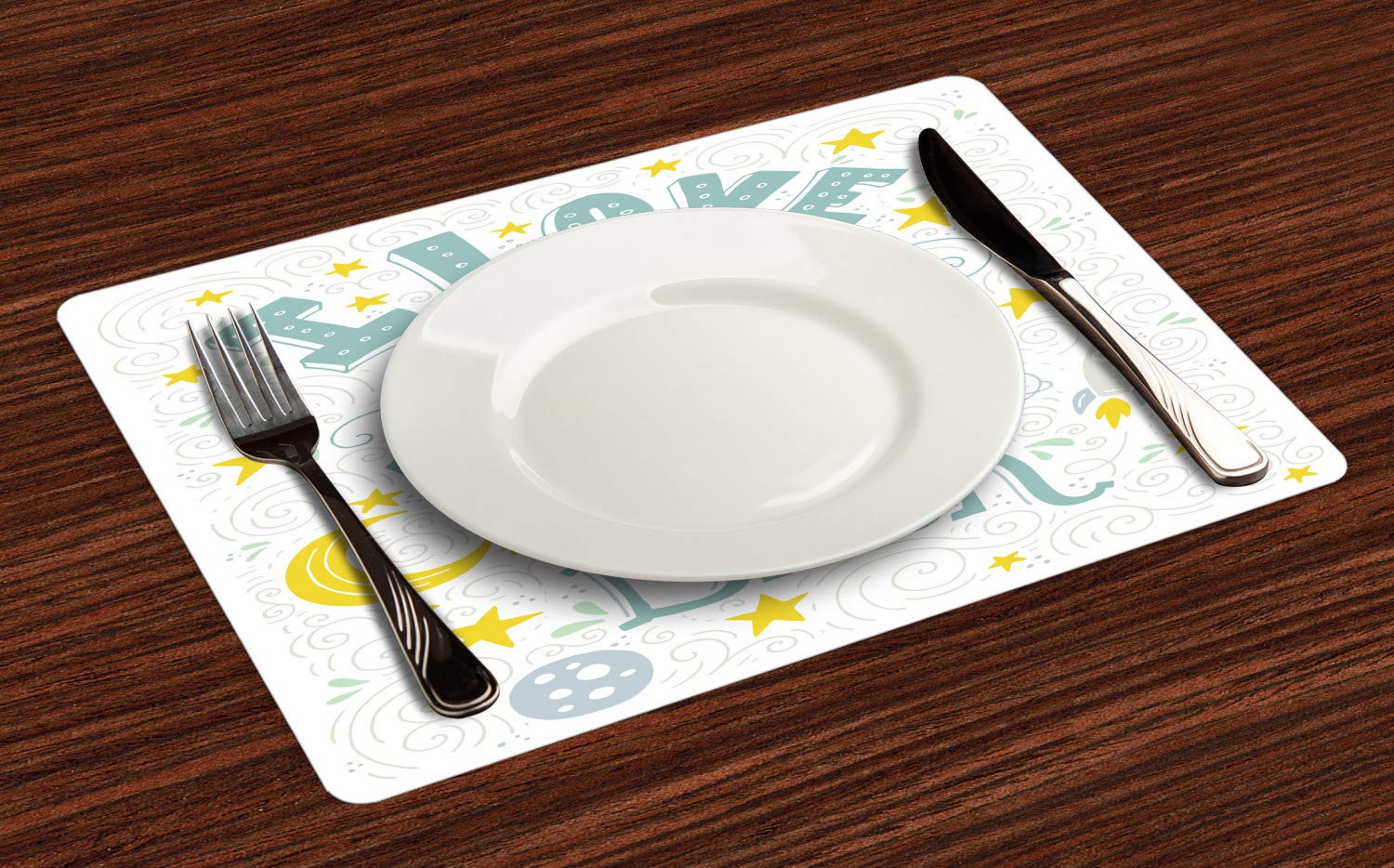Ambesonne I Love You to The Moon and Back Place Mats Set of 4, Crescent Moon Planets Stars Rocket Galaxy Design, Washable Fabric Dining Table Placemats, Standard Size 12x18 Inches, White Pale Seafoam - Perfect for Romantic Dinners, Space-Themed Parties & Everyday Use
