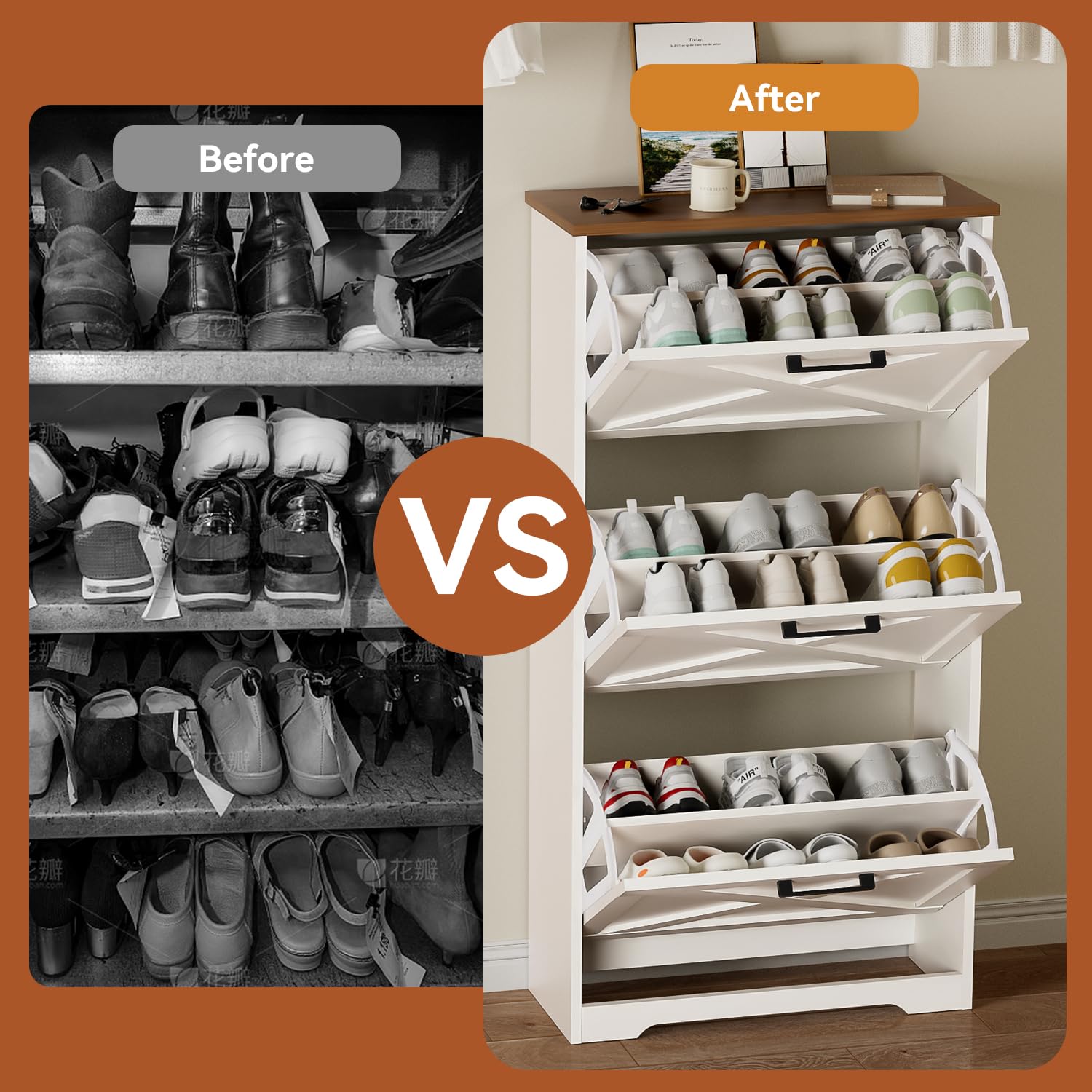 Farmhouse Shoe Cabinet with 3 Flip Drawers - 3 Tier Freestanding Shoe Organizer for Entryway, Hallway & Living Room - Slim Narrow Storage Cabinet (White) - Perfect for Small Spaces & Home Organization