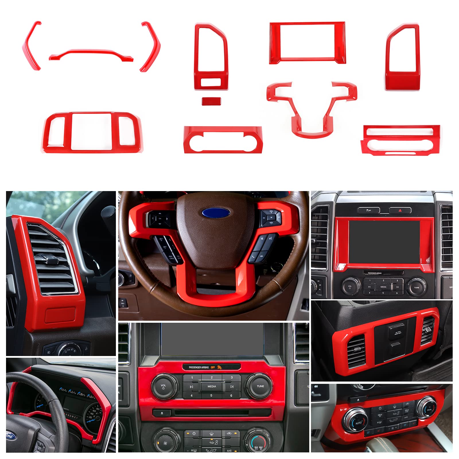 JeCar 11PCS Red Interior Trim Kit for Ford F150 2015-2020 - Steering Wheel, Dashboard & AC Vent Covers - Premium Car Accessories for Customization & Protection