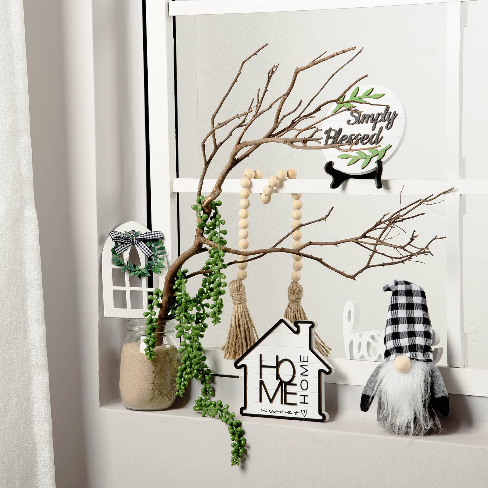 11-Piece Farmhouse Tiered Tray Decor Set with Artificial Succulents, Home Sweet Home Sign & Wooden Bead Garland - Rustic Black White Buffalo Plaid Gnome Decor (Tray Not Included) - Perfect for Kitchen Countertops, Coffee Tables, and Seasonal Home Decor