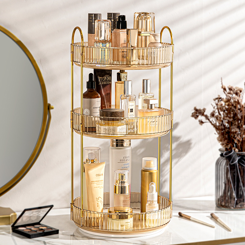 360° Rotating Makeup Organizer - 3-Tier High Capacity Cosmetic & Skincare Storage for Vanity, Bathroom Counter, Dresser (Amber) | Perfect for Organizing Lipsticks, Brushes & Beauty Products