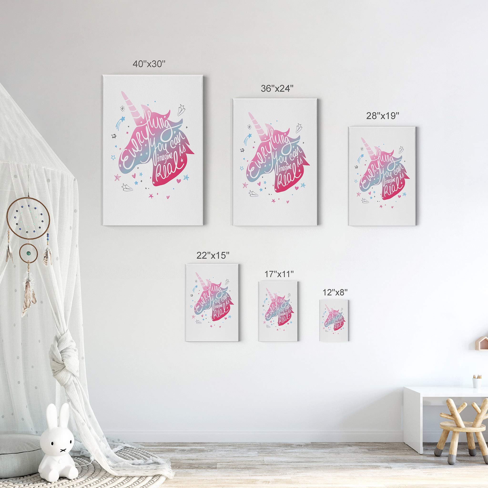 Unicorn Canvas Wall Art - Inspirational Quote 'Everything You Can Imagine Is Real' - Ready to Hang Nursery Decor, Kids Room Decor, Baby Room Wall Art - 36x24 Inch Made in USA - Perfect for Bedrooms, Playrooms & Gift Ideas