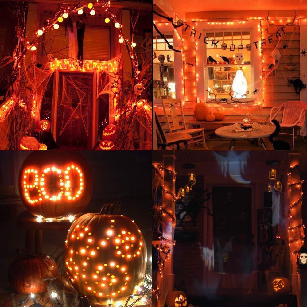 LYHOPE Orange Halloween Lights - 2 Pack 33ft 100 LED Battery Operated String Lights with Remote, Waterproof 8 Modes Copper Wire for Halloween Party, Carnival, Holiday Decorations - Perfect for Indoor/Outdoor Home, Yard, and Event Decor