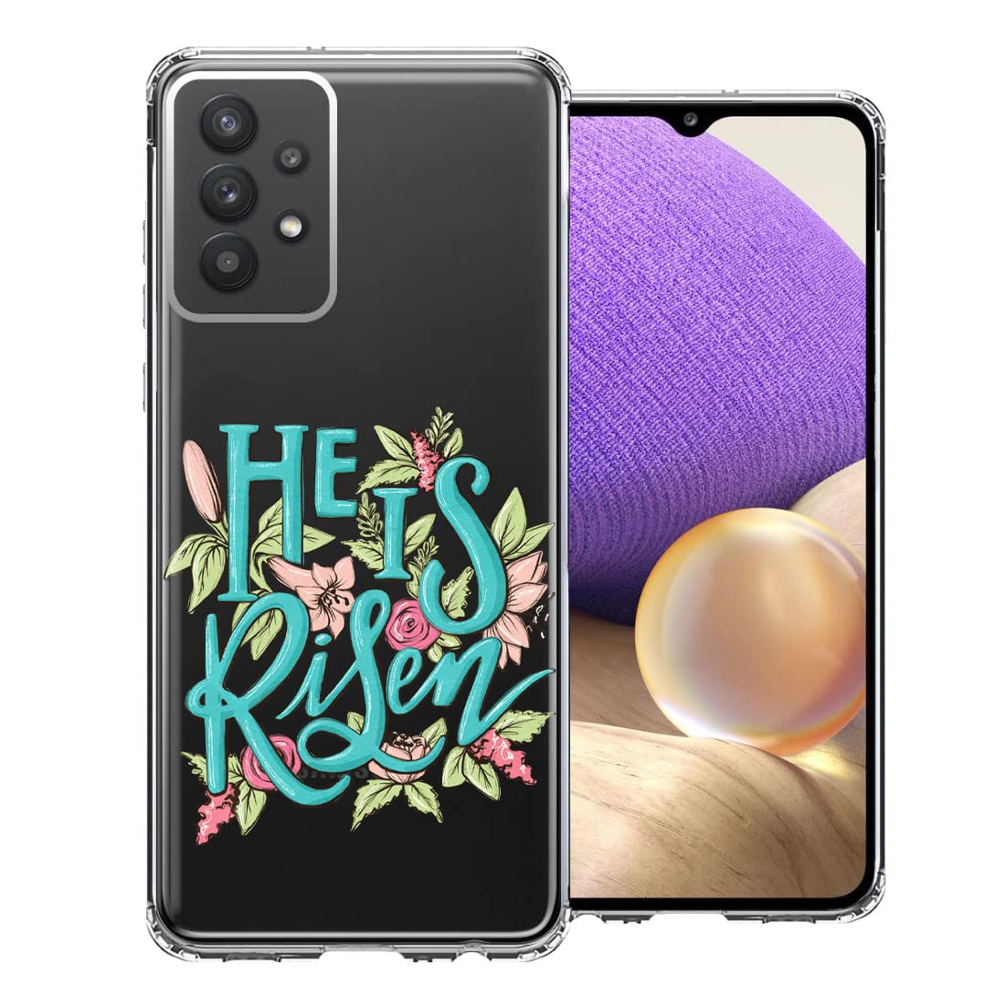 Easter Jesus Christian Flowers Phone Case for Samsung Galaxy A32 - Religious Protective Cover with He is Risen Text - Perfect for Church, Bible Study & Easter Celebrations