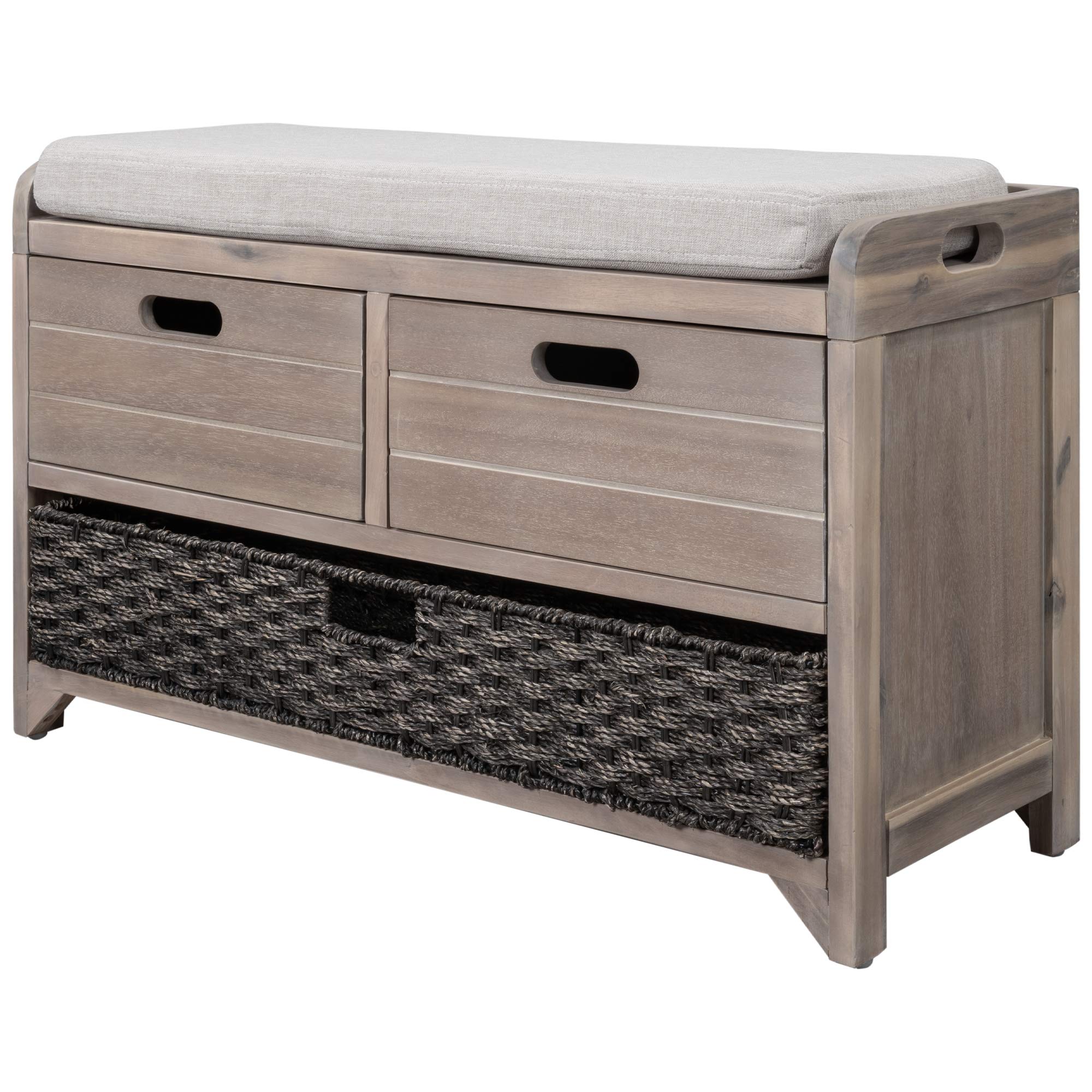 White Washed Storage Bench with Removable Basket & 2 Drawers - Fully Assembled Entryway Shoe Bench with Cushion for Hallway, Living Room & Bedroom - Perfect for Organizing Shoes, Coats & Home Decor