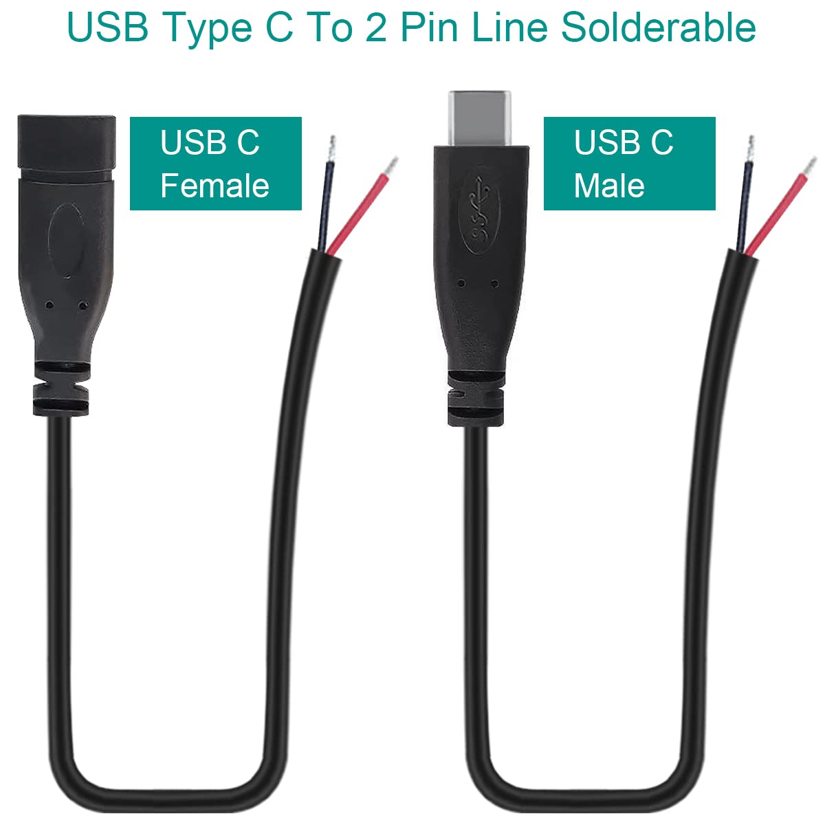 DIY Solderable USB C Connector 2 Wire Power Supply Extension Cable - 2 Pin USB to DIP Adapter Plug for PCB, Arduino, LED Strips (4PCS Male + 4PCS Female) - Perfect for Electronics Projects & DIY Repairs