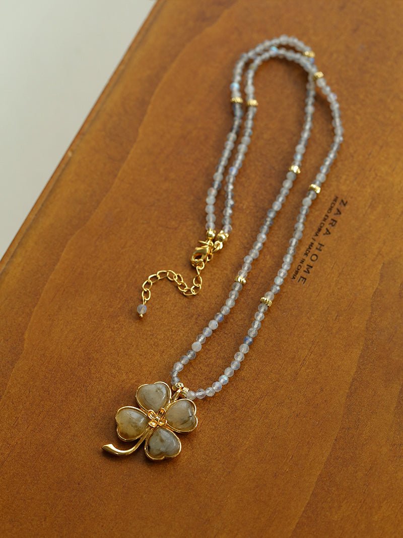Lucky Four Leaf Clover Labradorite Charm Necklace - Genuine Labradorite Pendant for Women - Perfect for St. Patrick's Day & Good Luck Jewelry Gift