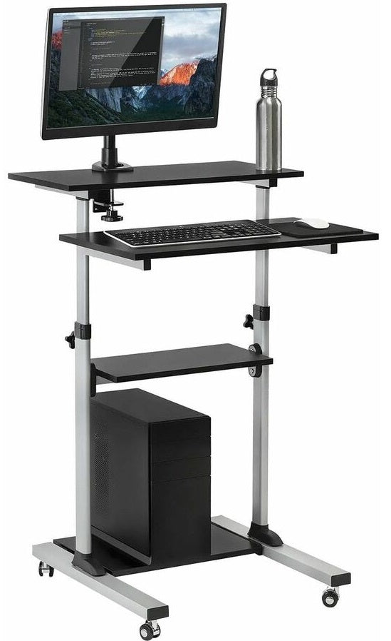 Mount It! Adjustable Rolling Computer Workstation with Monitor Mount - Includes Free Wireless Keyboard & Mouse Combo (Black/White) - Perfect for Home Office, Gaming Setup & Small Workspaces
