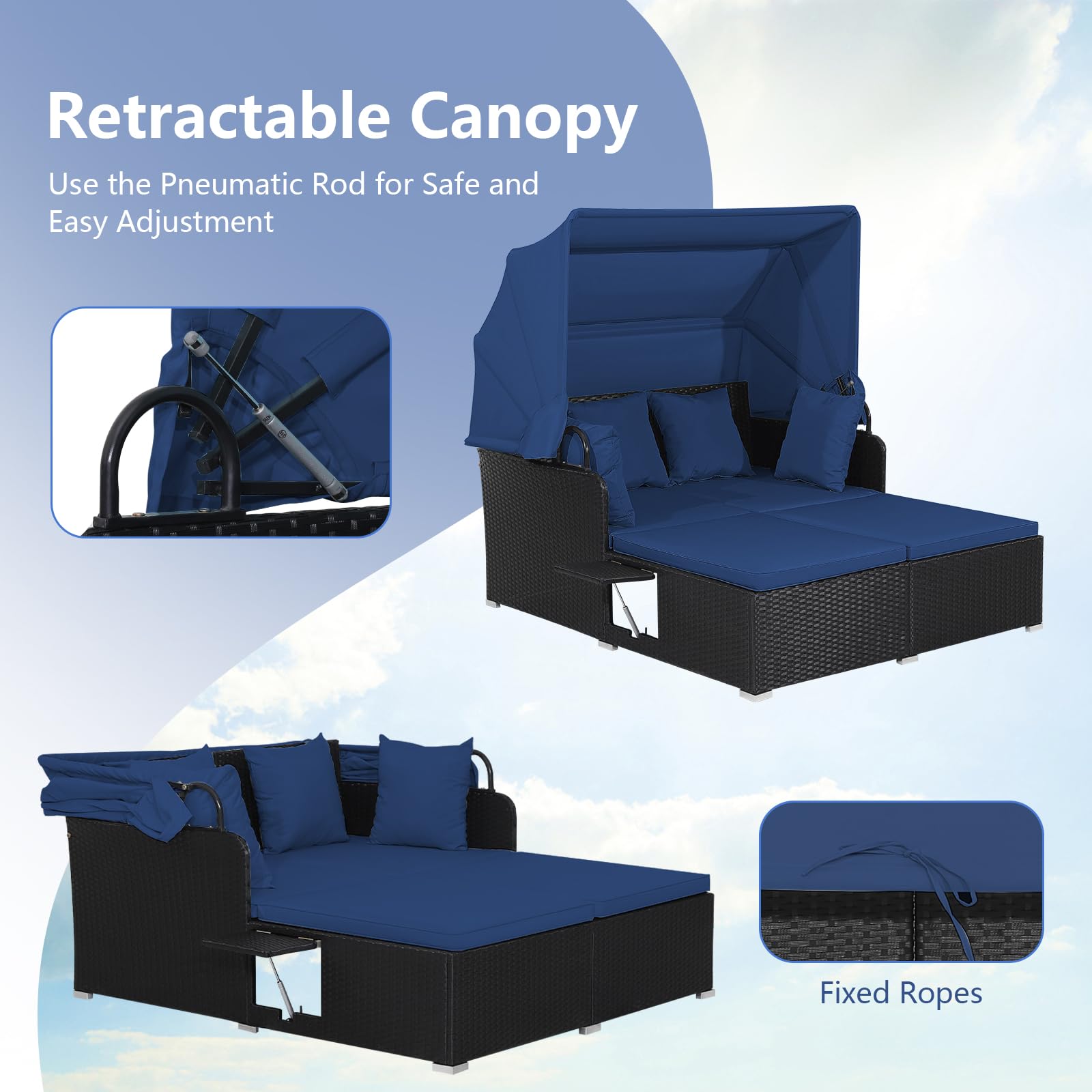 **HAPPYGRILL Outdoor Wicker Lounge Daybed - Hand-Woven PE Rattan Patio Loveseat Sofa Set with Retractable Canopy & 2 Side Tables - Sun Lounger with Soft Cushions (Navy) - Perfect for Poolside, Garden, or Backyard Relaxation**
