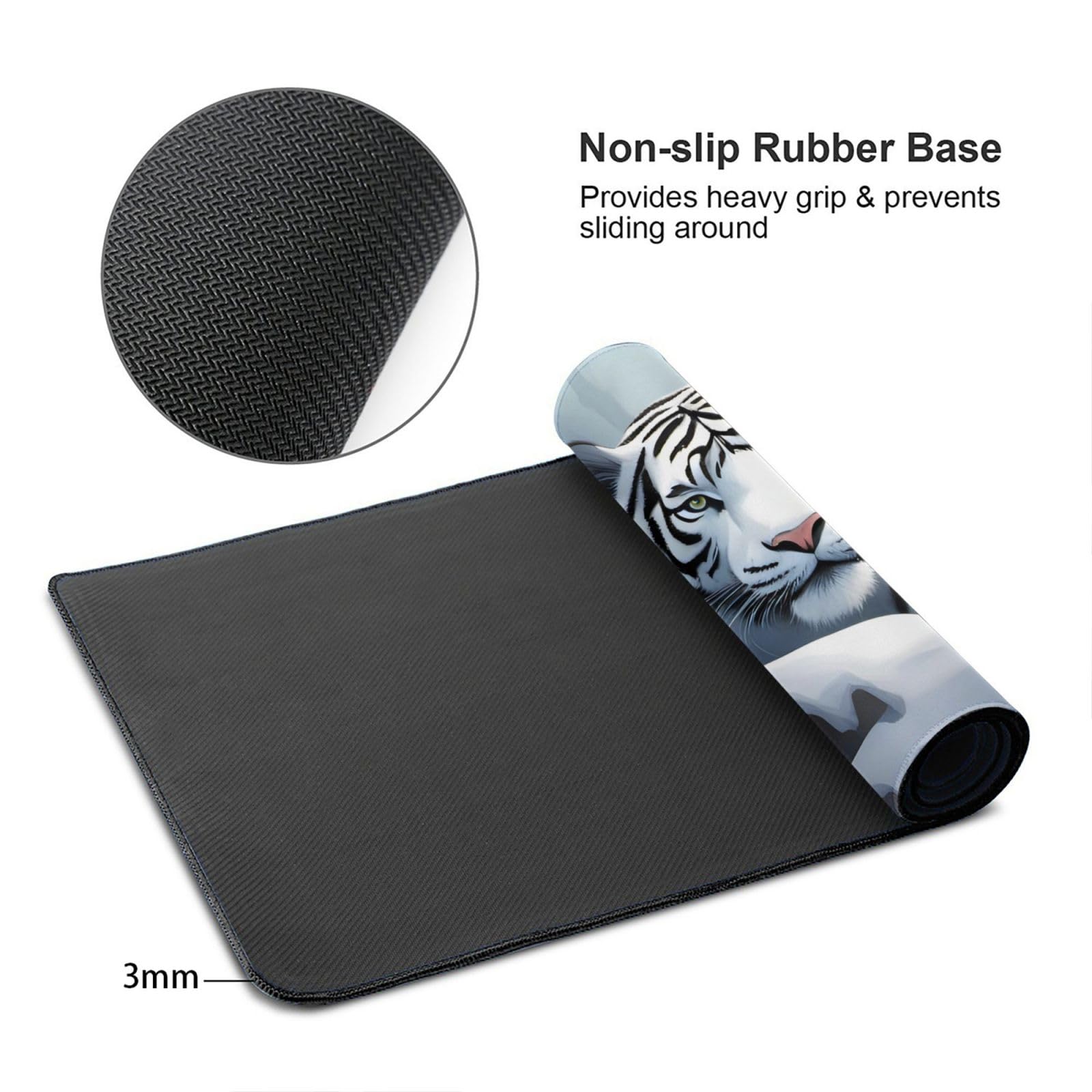 Snow White Tiger Pattern Large Office & Gaming Mouse Pad 16 x 29.5 Inches - Non-Slip Base, Durable Stitched Edges, Precision Tracking - Perfect for Work, Gaming & Home Office Setup