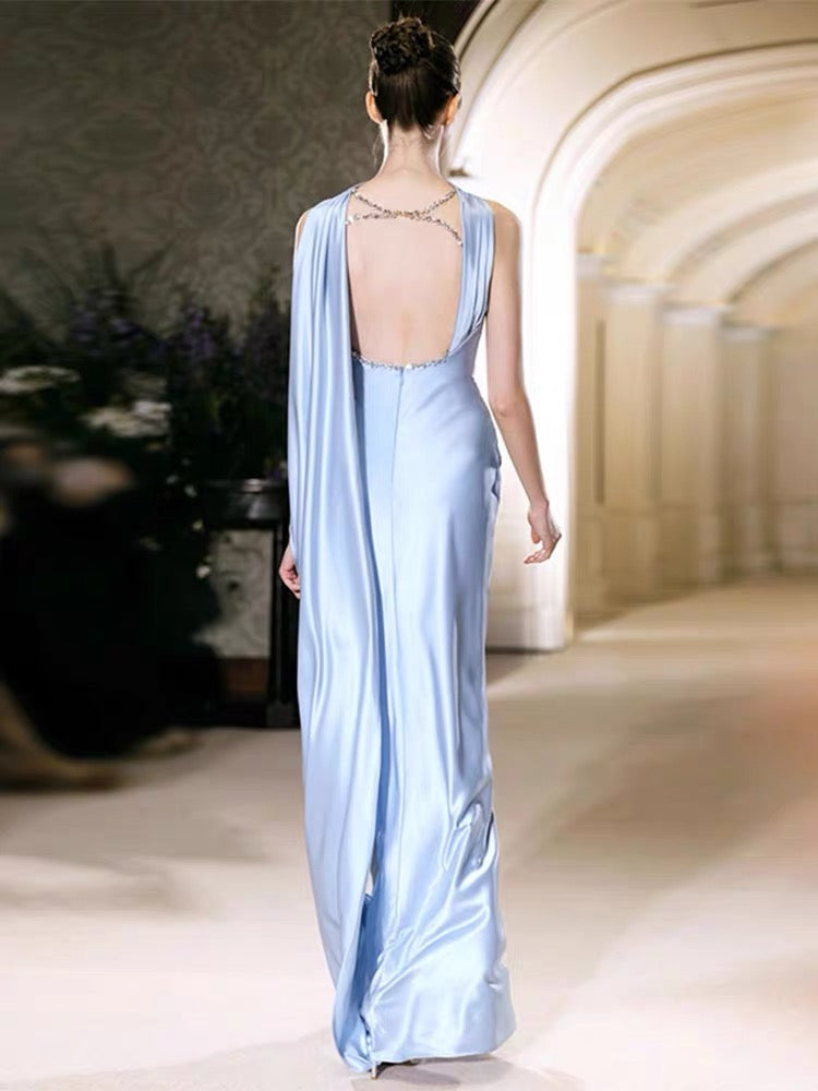 Elegant Blue Sheath Long Prom Dress with High Slit - Formal Evening Gown for Homecoming, Wedding & Special Occasions - Style J3349