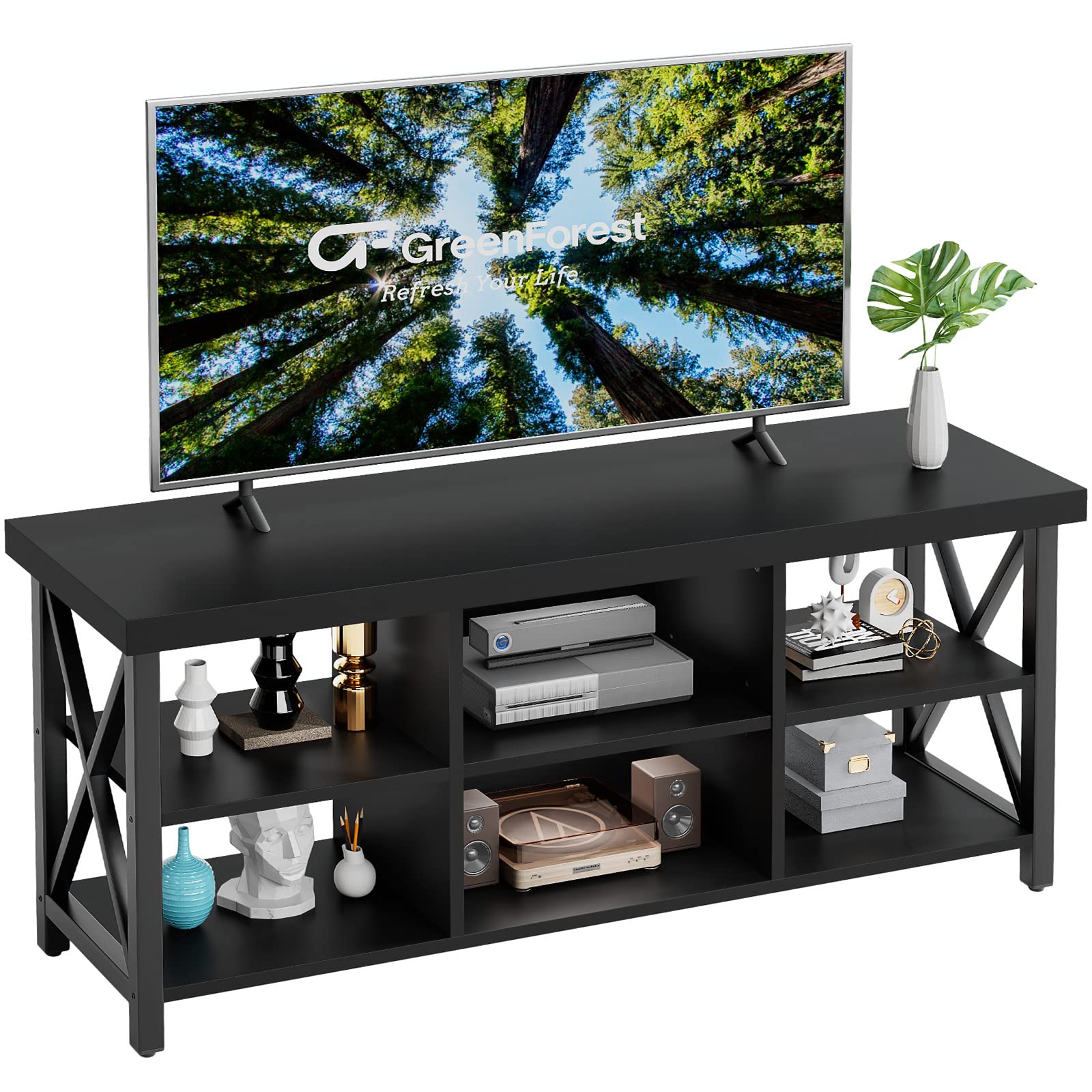 GreenForest 65 Inch TV Stand with 6 Storage Cabinets - Industrial Farmhouse Entertainment Center for Living Room, Black | Perfect for Home Theater & Living Room Organization