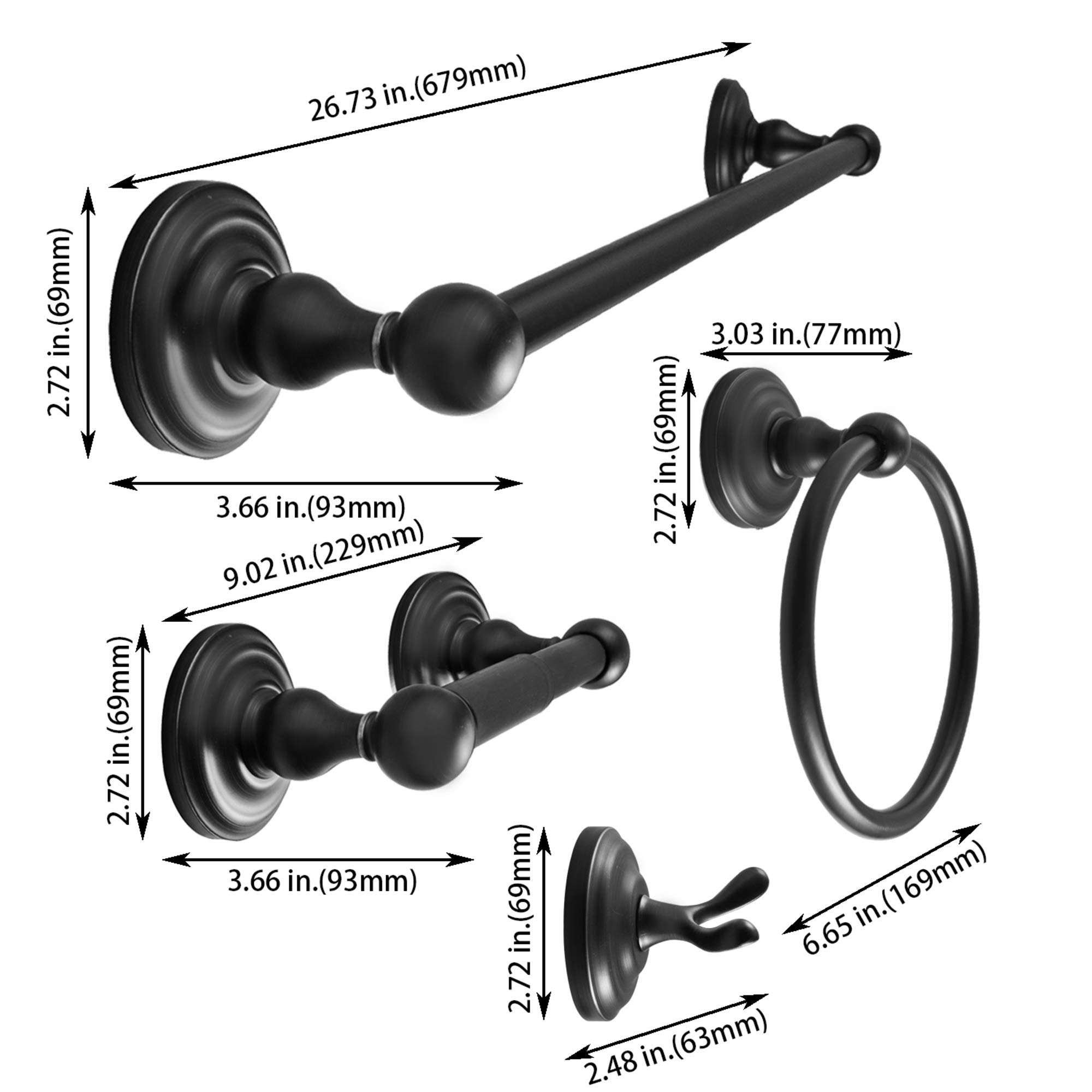 SENTO ROBIKI Matte Black Bathroom Accessories Set - 4-Piece Wall Mounted Bath Hardware Kit with Robe Hook, Toilet Paper Holder, Towel Ring & 18