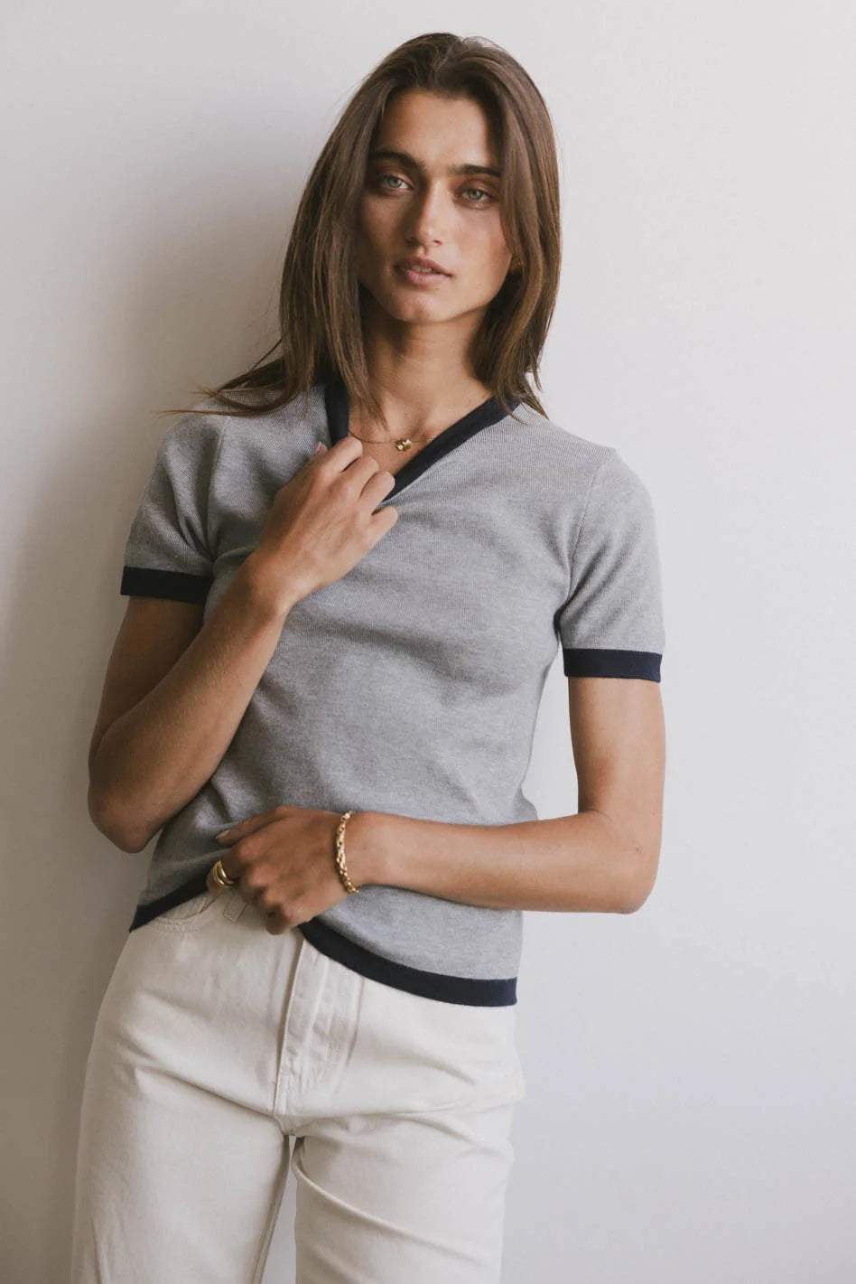 Women's Maddie Ringer Sweater Top in Grey - Soft Casual Pullover for Fall & Winter | Perfect for Office, Date Night & Weekend Outfits