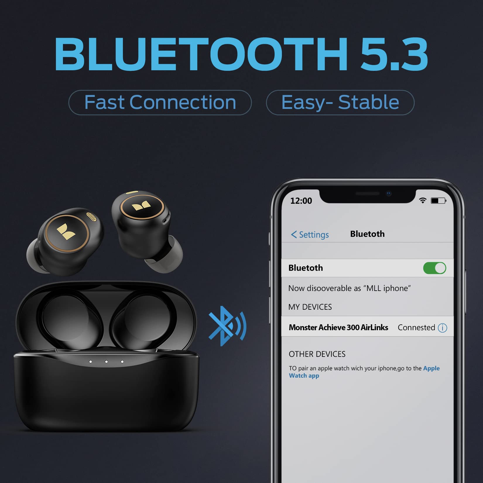 Monster Wireless Earbuds Bluetooth 5.0 with Charging Case - Touch Control, 300 AirLinks Technology, Noise Cancelling for Gym, Running & Work - Black