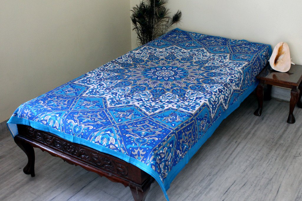 Blue Mandala Tapestry - Indian Cotton Printed Wall Hanging Decor for Bedroom, Living Room, Yoga Studio - Bed Sheet, Throw Blanket, Room Divider & Boho Wall Art - Perfect for Meditation Spaces, Dorm Decor & Bohemian Home Decorating