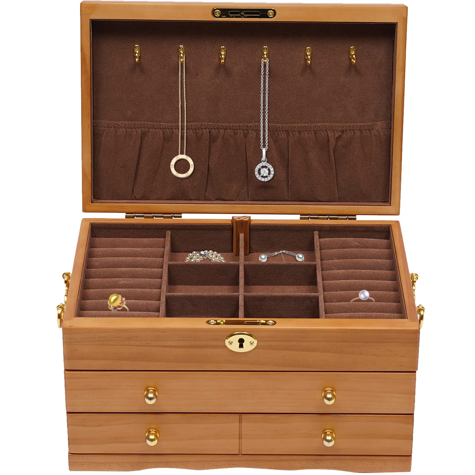 3 Layer Wooden Jewelry Storage Box with 3 Drawers - Organizer for Earrings, Necklaces, Bracelets, Rings & Pendants - Portable Travel Jewelry Case for Women - Perfect for Home, Office & Vacation Use