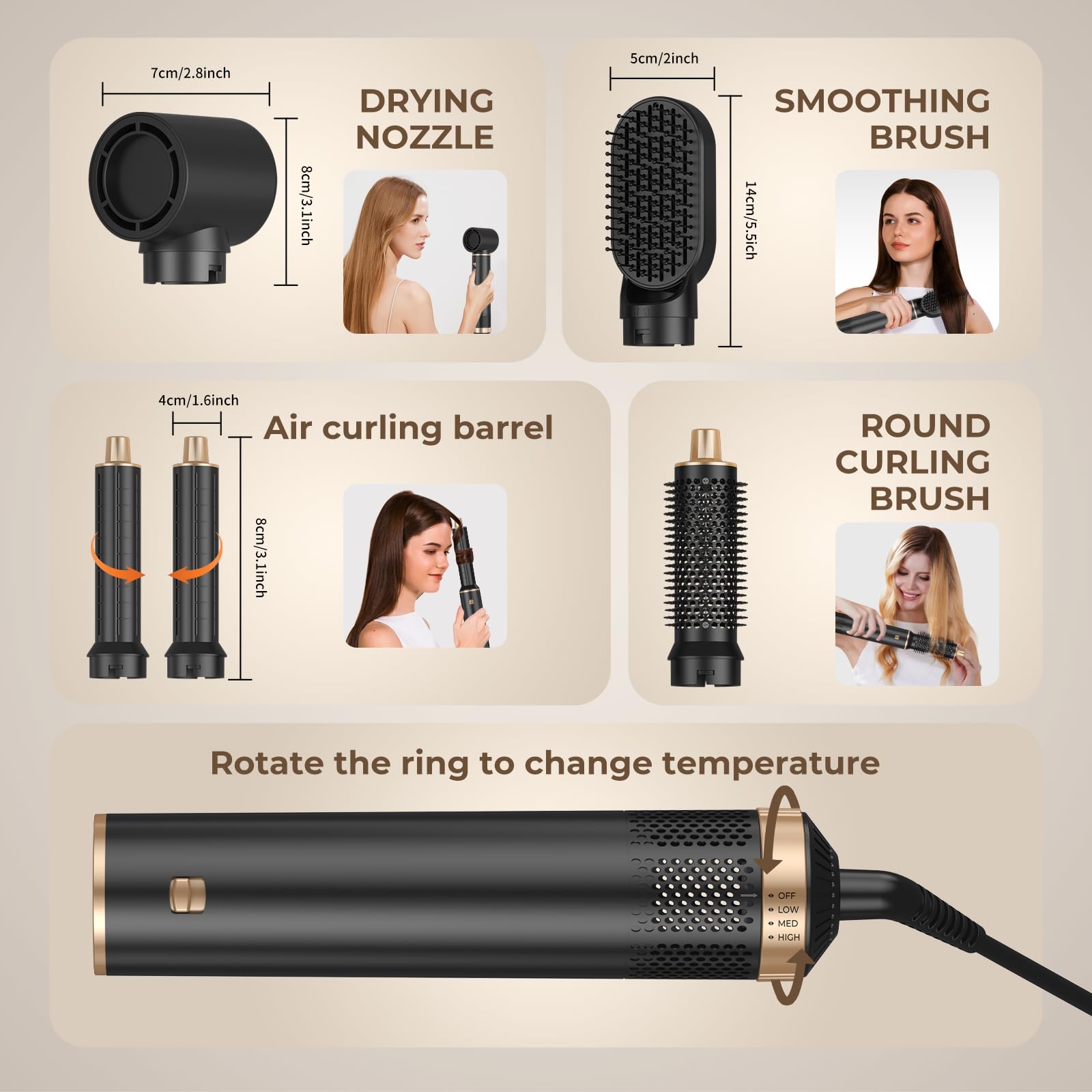 5 in 1 Blow Dryer Brush with Negative Ion Technology - Detachable Hair Dryer, Air Curler & Styler for Drying, Curling & Straightening - Perfect for Home Salon Styling & Professional Hair Care