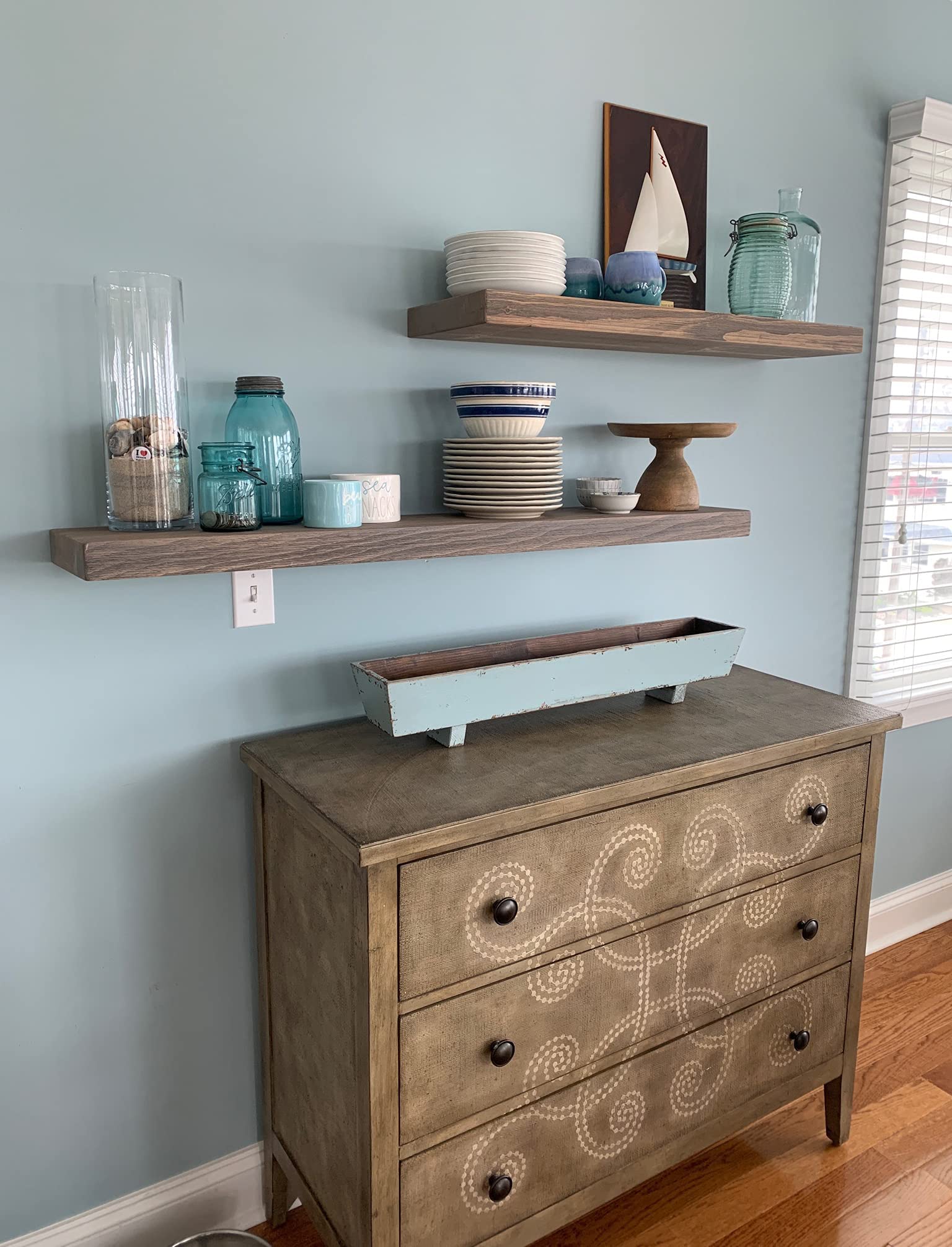 Joel's Antiques - 60 Inch Natural Wood Floating Shelves for Wall - Heavy Duty Rustic Fireplace Mantel & Bookshelf - 60x10x2 Inches - Perfect for Living Room, Bedroom & Home Office Decor - Gray Wooden Wall Shelves for Displaying Books, Photos & Decorative Items