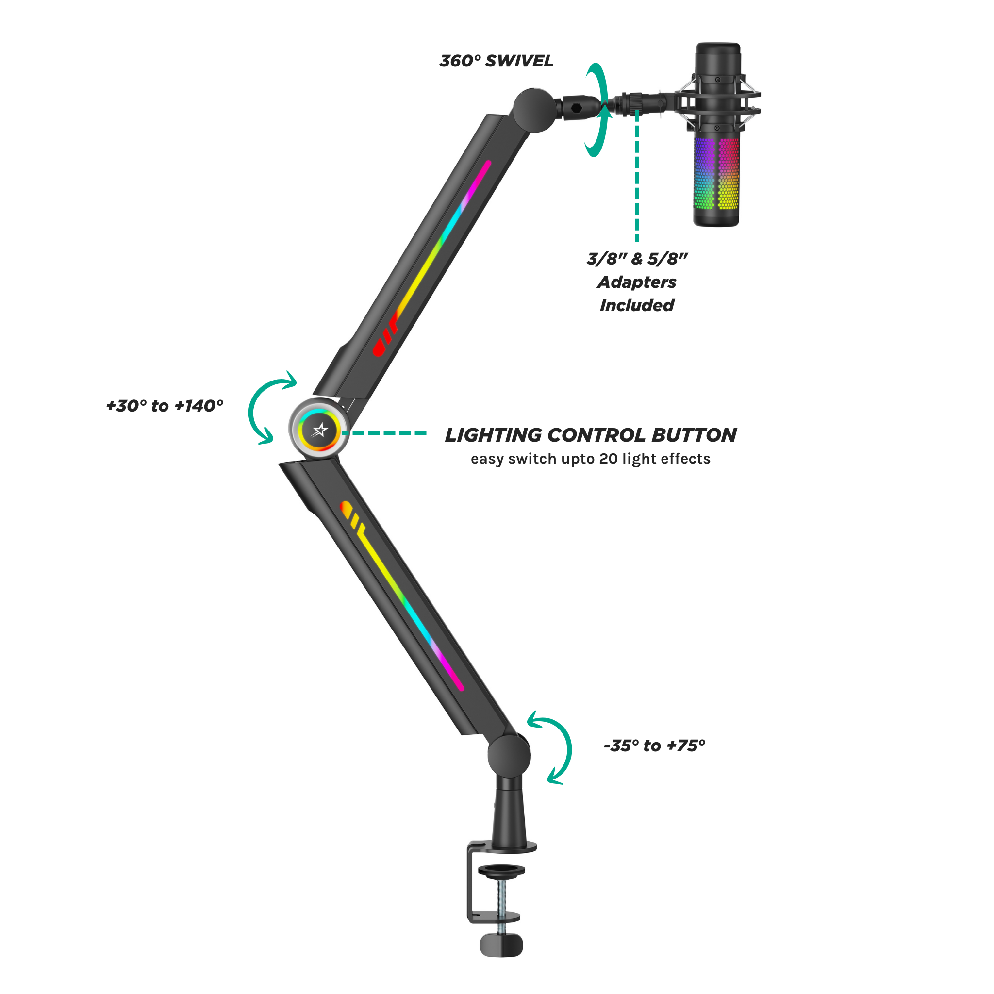 Glint RGB Microphone Arm - Adjustable Boom Stand with Colorful LED Lighting for Streaming, Podcasting & Gaming (Black) | Perfect for Home Studios & Professional Setups