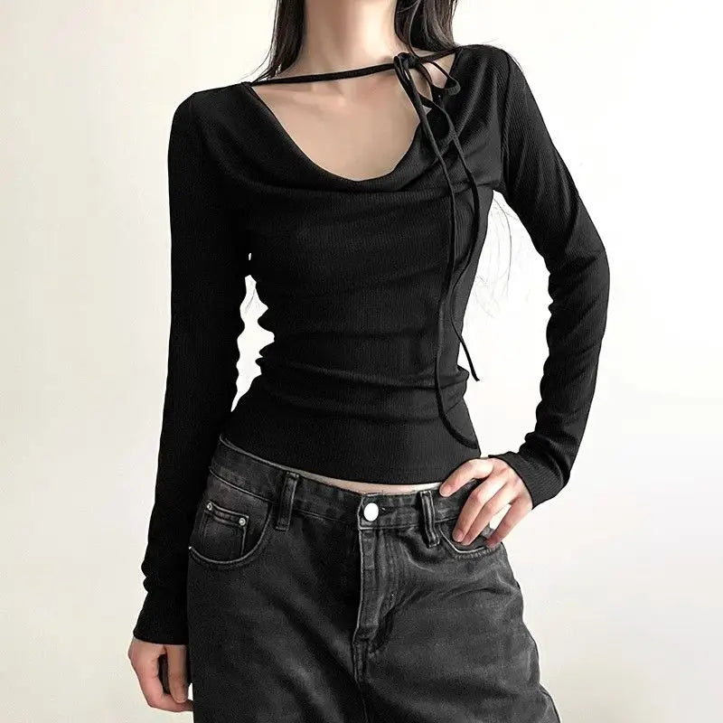 Women's Long Sleeve Tunic T-Shirts - Solid Color Bandage Tees for Casual Fashion | Korean Vintage Y2K Style | Perfect for Everyday Wear, Office Outfits & Street Style (2024 Collection)