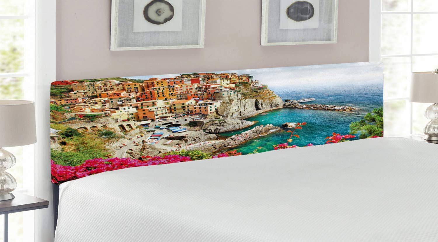 Ambesonne Italy Headboard - Monarola Antique Village Cinque Terre Coastal Panorama Summer Beach Scenic View - Upholstered Decorative Metal Bed Headboard with Memory Foam - King Size Multicolor - Perfect for Coastal Themed Bedrooms & Vacation Home Decor