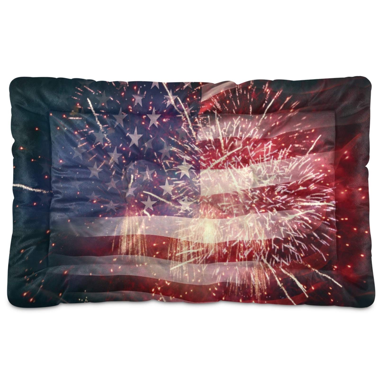 KEEPREAL Firework American Flag Pet Bed - Ultra Soft Rectangle Dog & Cat Bed for Small to Medium Pets, 24x18 Inch - Calming Comfort Bed for Dogs & Cats | Perfect for Home, Crate & Travel Use