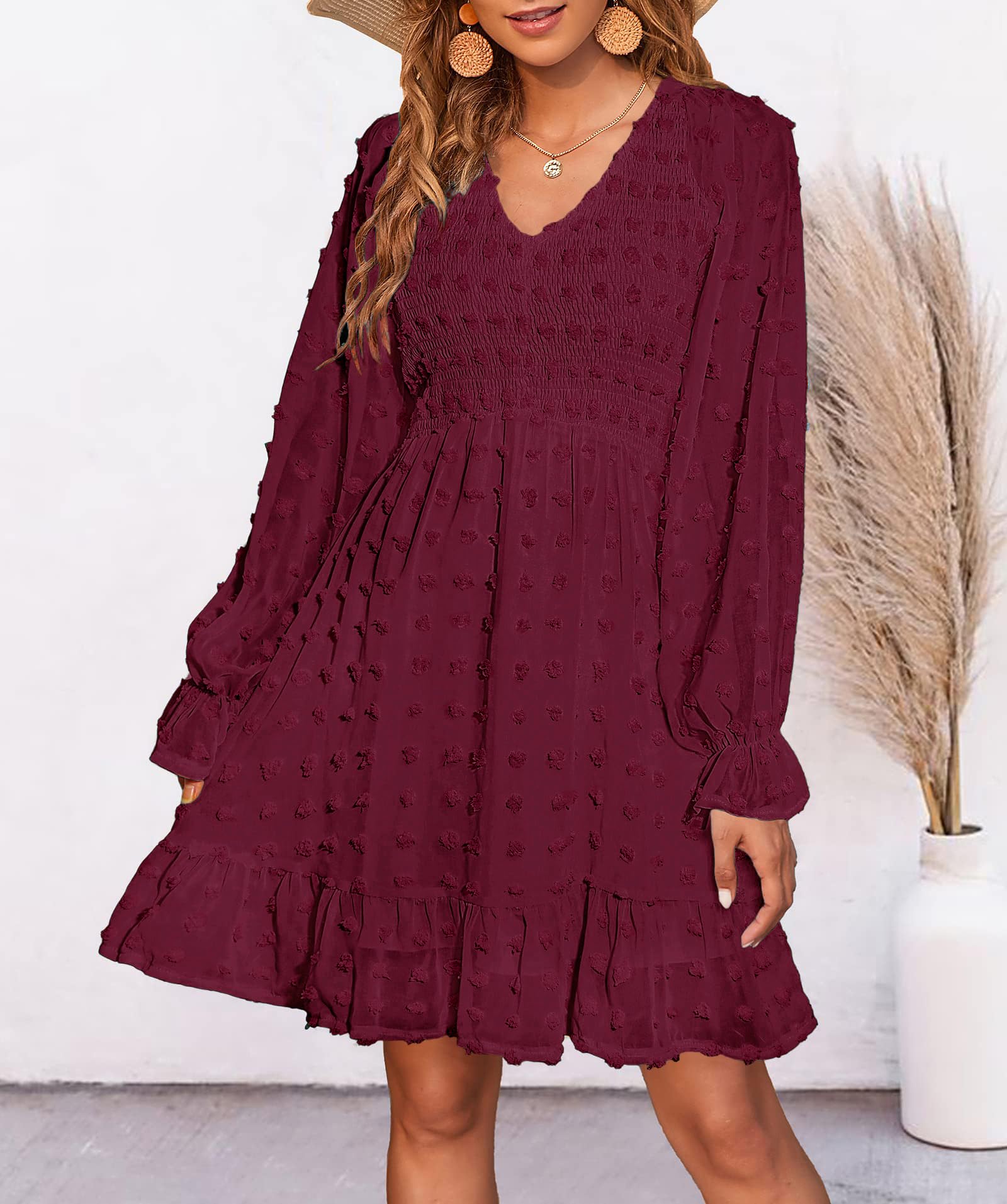 BTFBM Women's Smocked Short Dress V-Neck Long Sleeve Swiss Dot Ruffle Chiffon Flowy Mini Dress for Summer Spring 2025 | Casual Party, Beach Vacation, Date Night Outfit