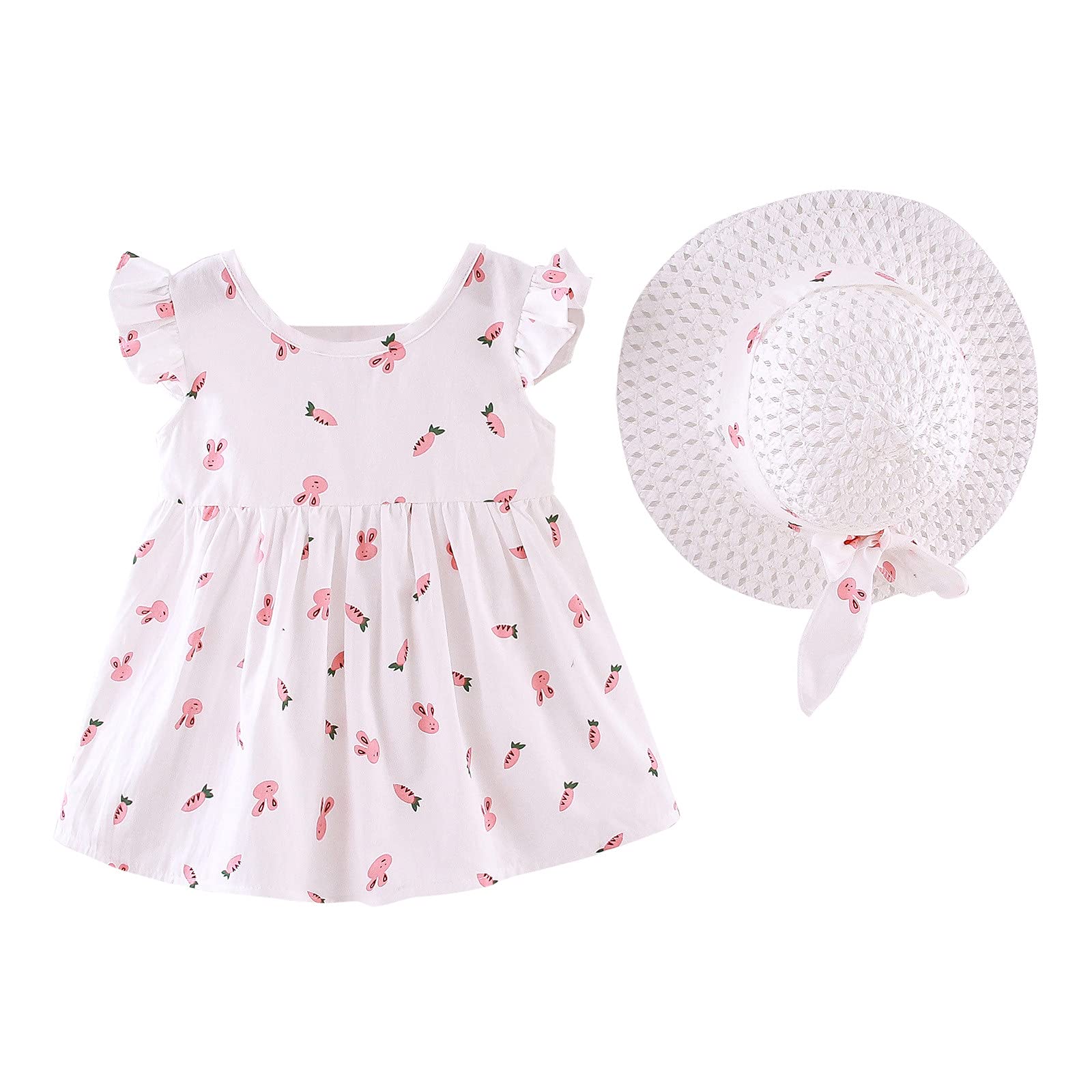 Muzuld 0-3T Toddler Girls Bunny Rabbit & Carrot Print Dress with Flutter Sleeves & Matching Straw Hat - Cute Princess Outfit for Baby Girls - Perfect for Easter, Spring Photos, and Birthday Parties