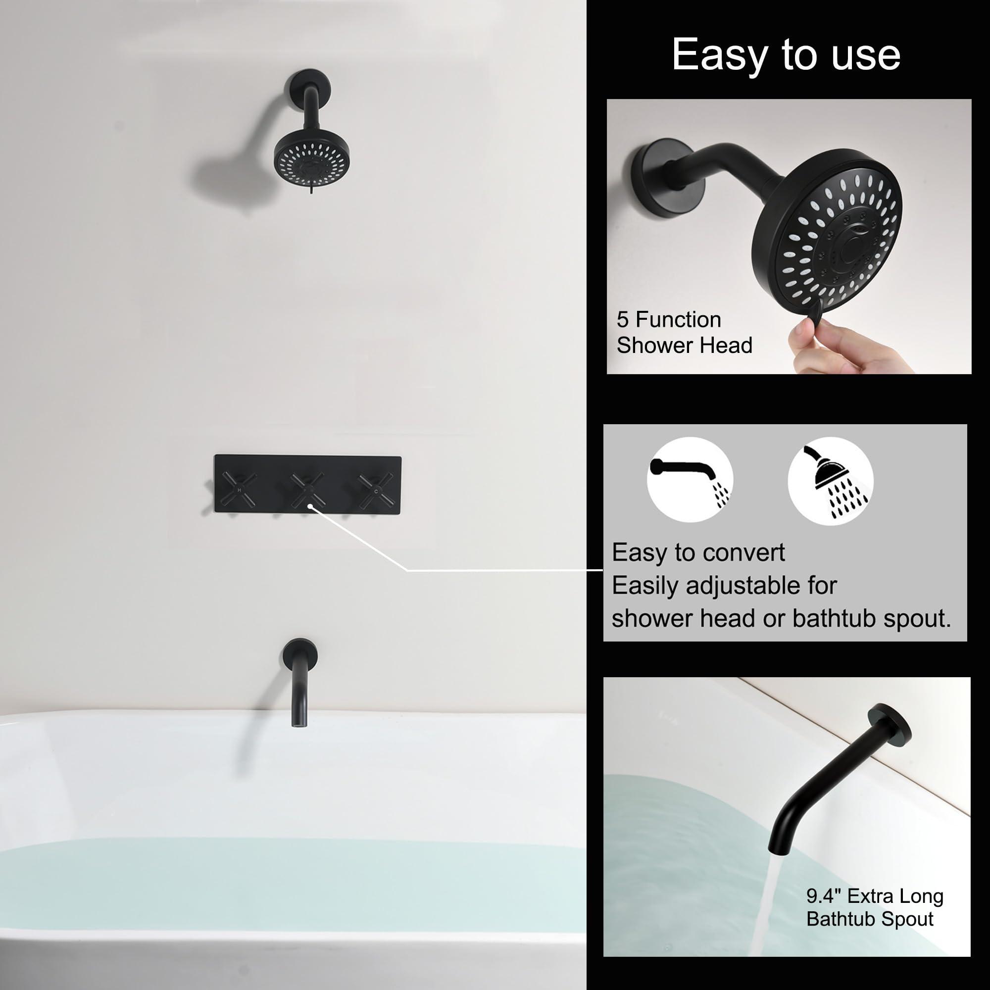 Matte Black 3-Handle Tub and Shower Faucet Set with Knobs - Complete Bathroom Fixture for Bathtub and Shower Installation | Perfect for Modern Home Renovation and Bathroom Upgrades