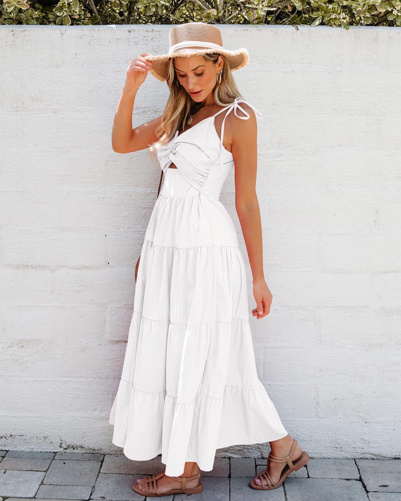 Luvamia Women's Long Flowy Tiered Cut-Out Midi Dress with Self-Tied Spaghetti Straps - Perfect for Summer Vacations, Beach Getaways, and Dinner Dates