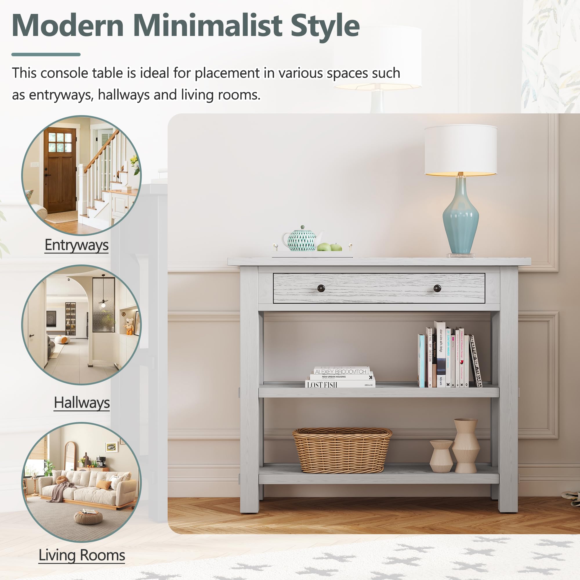 Rustic Entryway Console Table with Storage Drawer & 2 Shelves - Farmhouse Hallway Sofa Table for Living Room, Foyer & Entryway - Easy Assembly Antique White - Perfect for Home Decor & Small Space Organization