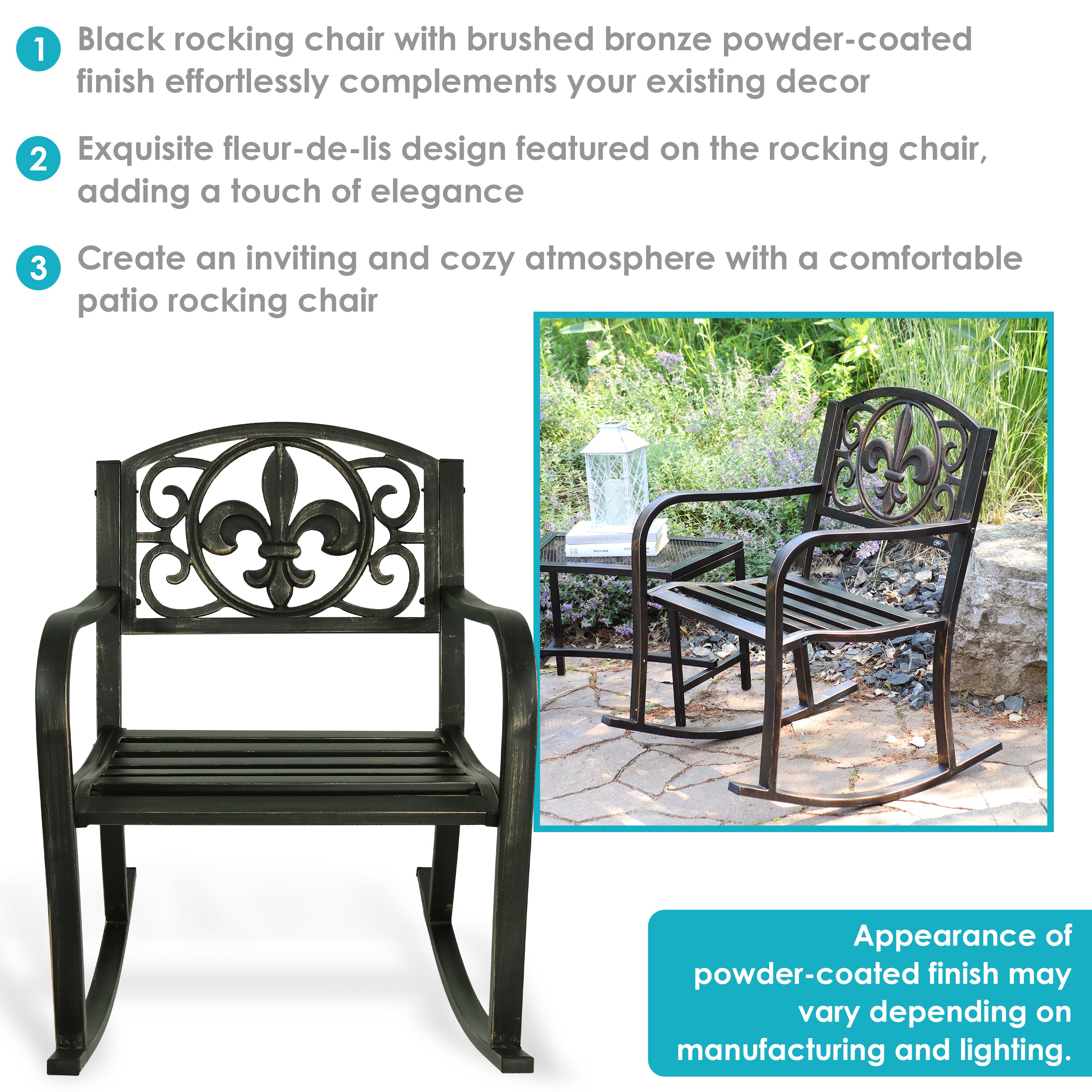 Sunnydaze Cast Iron and Steel Outdoor Rocking Chair with Fleur de Lis Design - Perfect for Garden, Patio, Porch & Backyard Relaxation