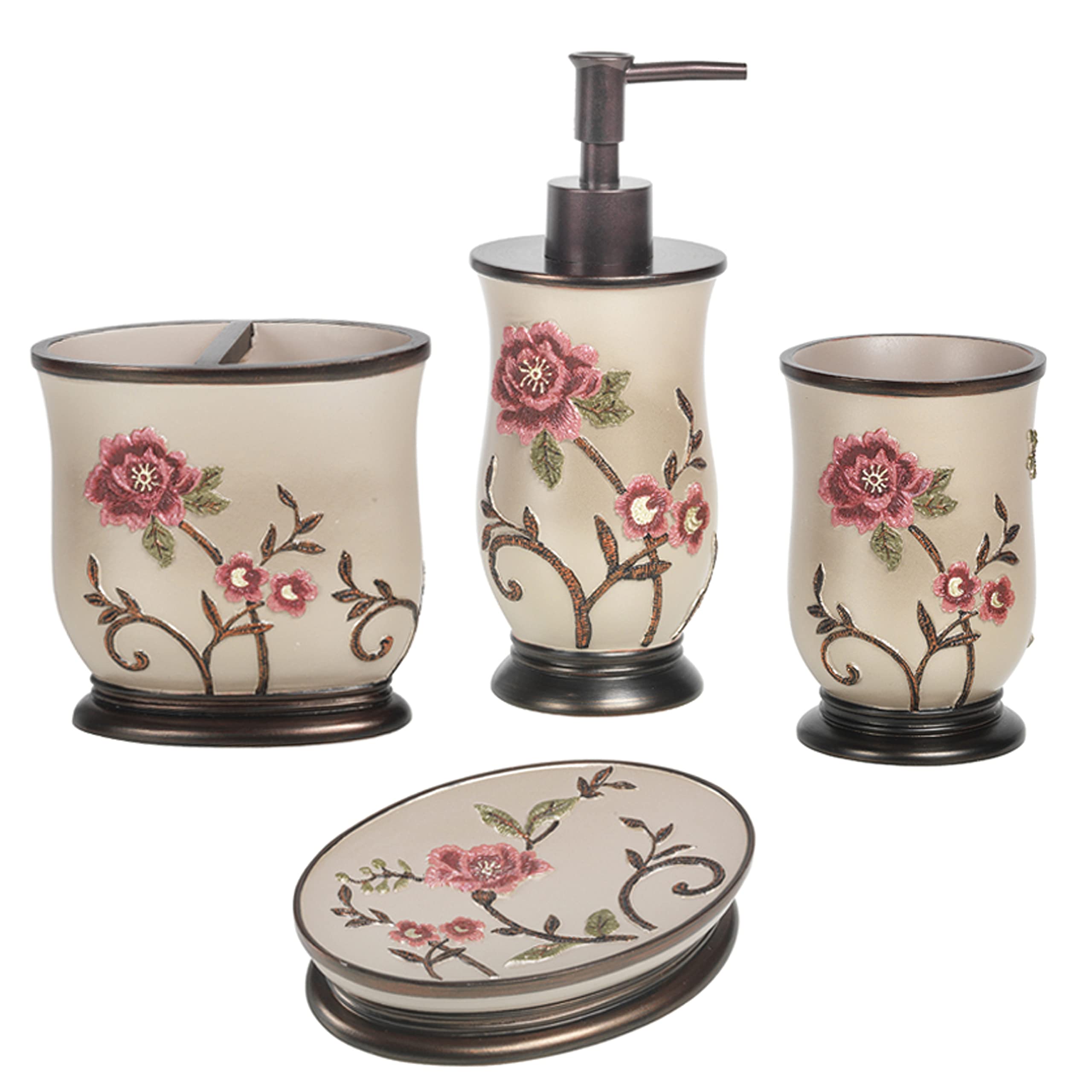 Zahari Home 4-Piece Larrisa Floral Bathroom Set - Modern Classic Flower Soap Dispenser, Tumbler, Toothbrush Holder & Soap Dish - Luxury Decor for Stylish Bathrooms | Perfect for Guest Bathrooms, Master Suites & Spa-Inspired Home Decor