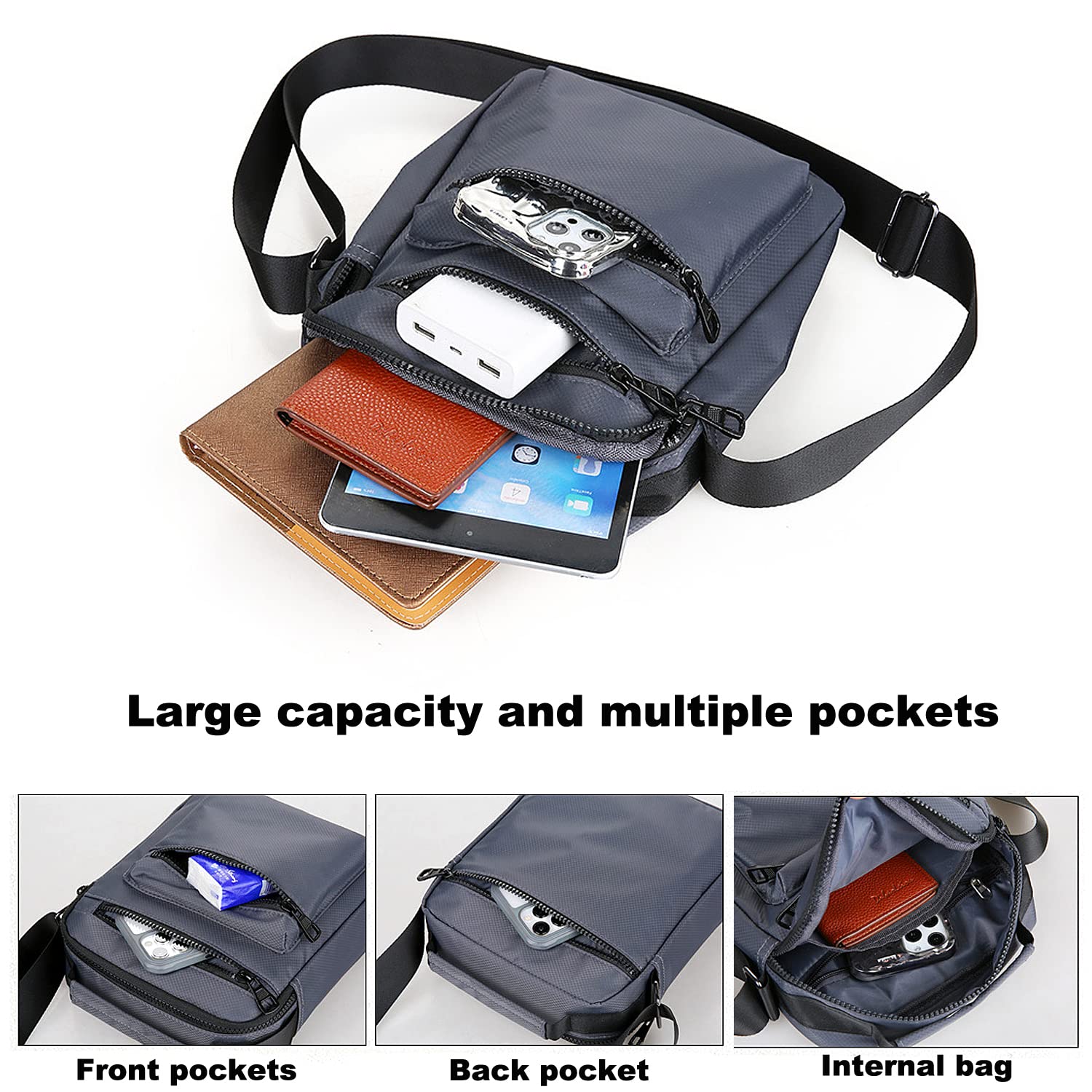 Men's Nylon Crossbody Shoulder Bag - Large Capacity Messenger Bag with Multiple Pockets for Work, Hiking & Travel | Durable Casual Handbag & Side Satchel | Perfect for Office Commute, Outdoor Adventures & Daily Use (Black)