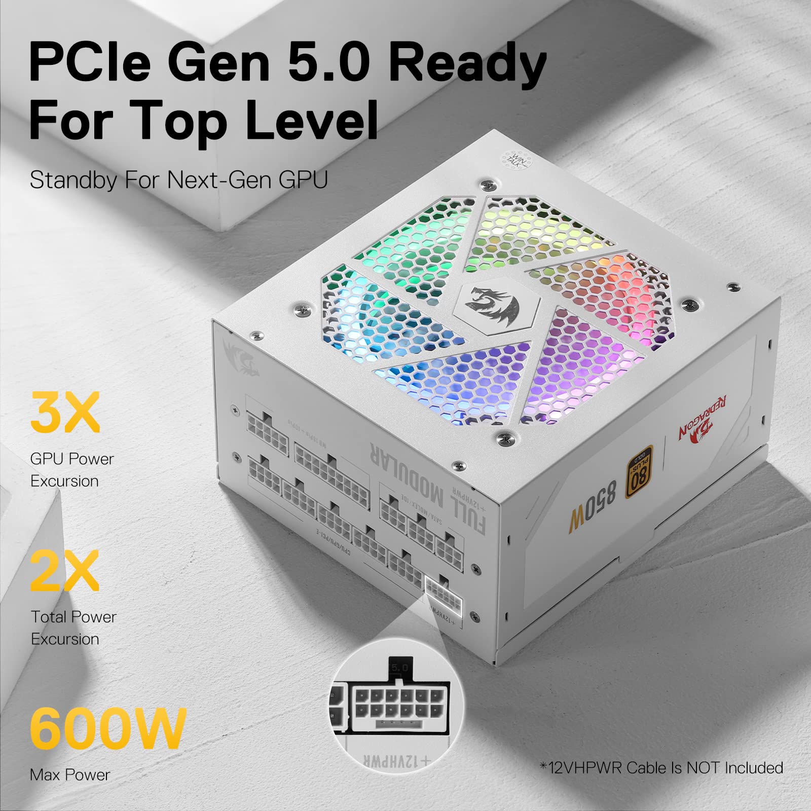 Redragon RGPS-850W 80+ Gold 850W Fully Modular ATX 3.0 Power Supply with PCIe 5.0 Support, 80 Plus Gold Certified, Compact 160mm Size, Smart ECO Low Noise RGB Fan, 100% Japanese Capacitors - Perfect for Gaming PCs, Workstations, and High-Performance Builds