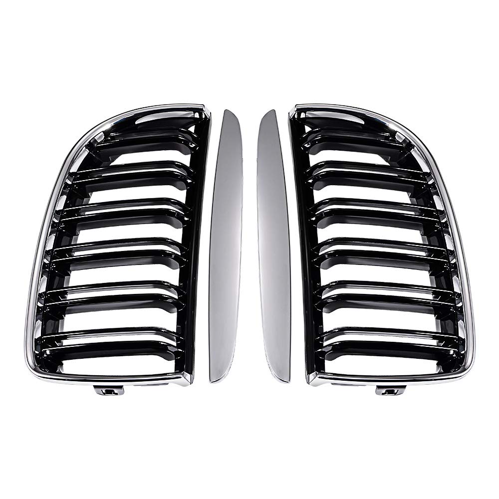 LR Glossy Black Chrome Dual Slats Front Kidney Grille for 2005-2008 BMW E90 E91 - Perfect Upgrade for Sedan & Wagon Models - Enhances Sporty Look & Front-End Protection