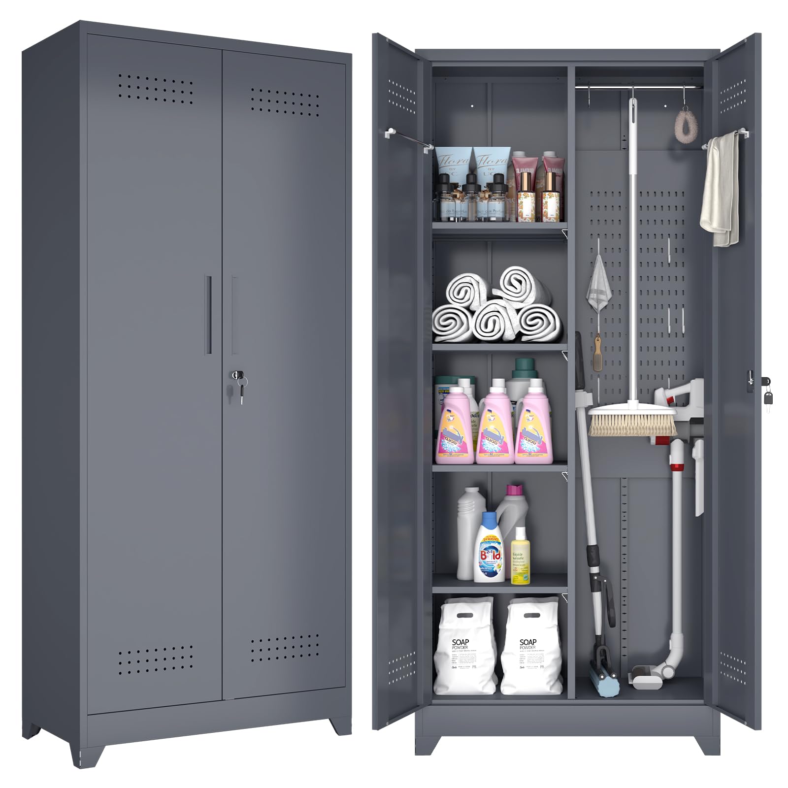 GREATMEET Heavy Duty Metal Storage Cabinet with Adjustable Shelves - Broom Closet Organizer for Cleaning Supplies, Bathroom & Garage Storage - Perfect for Home, Office, and Workshop Organization