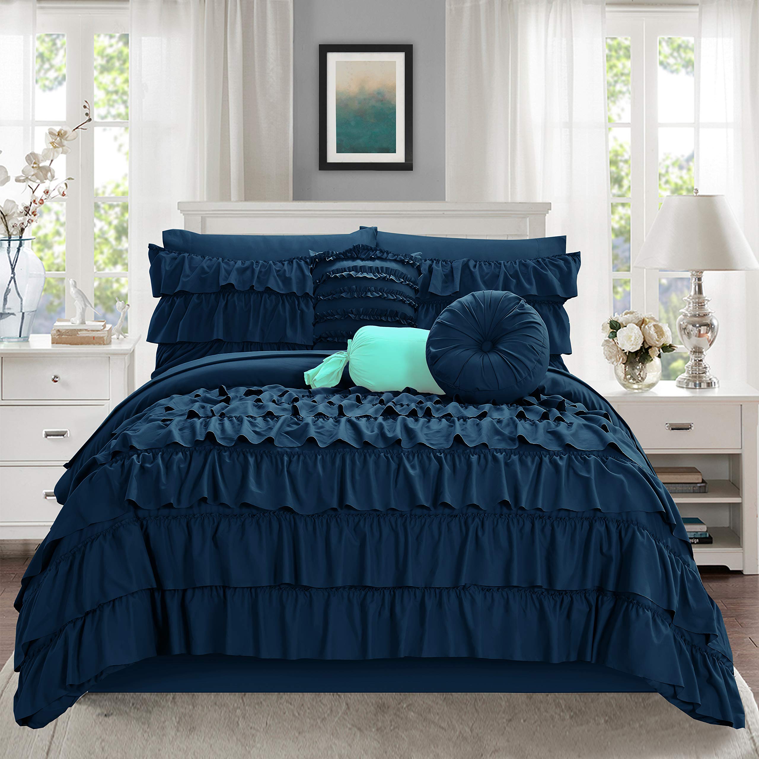 Luxurious 10-Piece Bed in a Bag Comforter Set - Softest & Coziest King/Cal King Size, Includes Bed Sheets & Multi-Ruffle Design in Navy Blue | Perfect for Master Bedroom, Guest Room & Cozy Home Decor