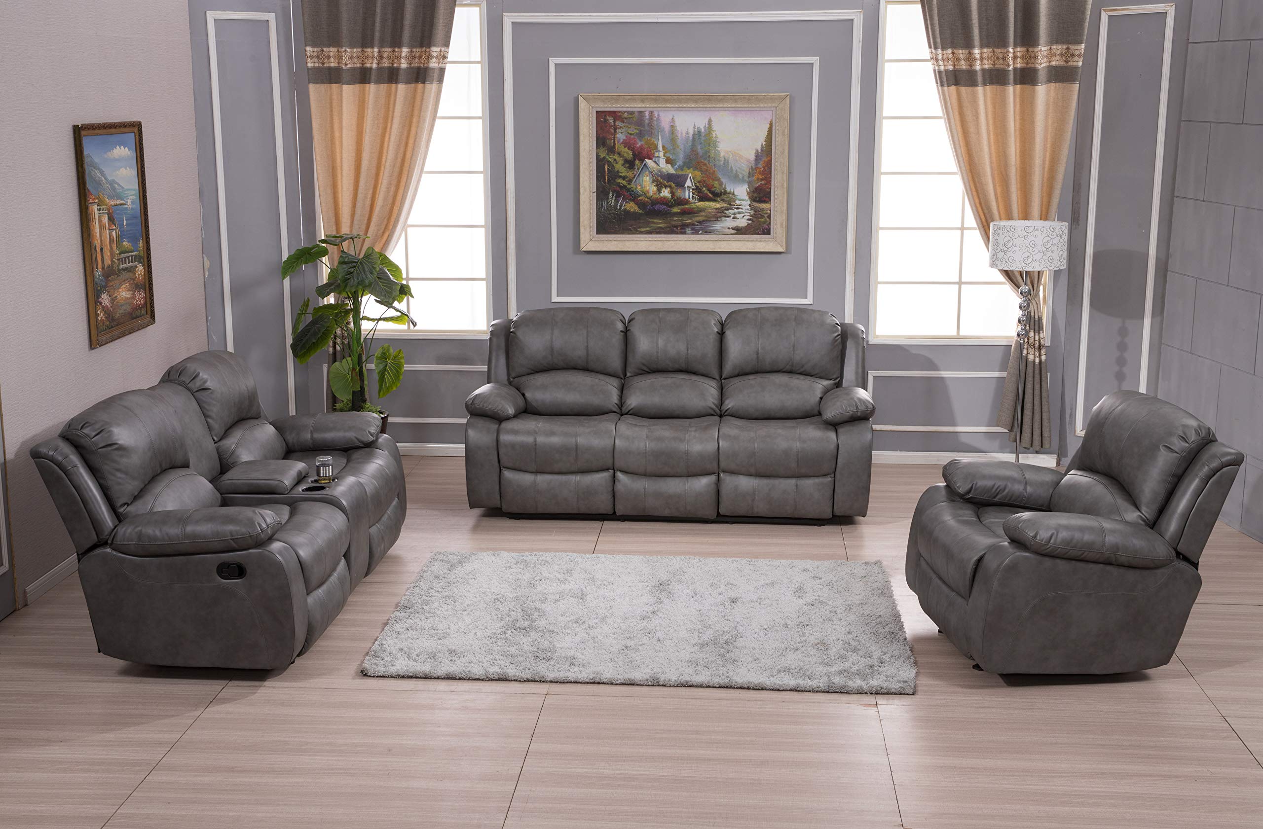 Betsy Furniture 3-Piece Bonded Leather Reclining Sofa Set with Loveseat and Glider Chair - 8018 Series in Gray | Modern Living Room Furniture for Home Theater & Family Relaxation