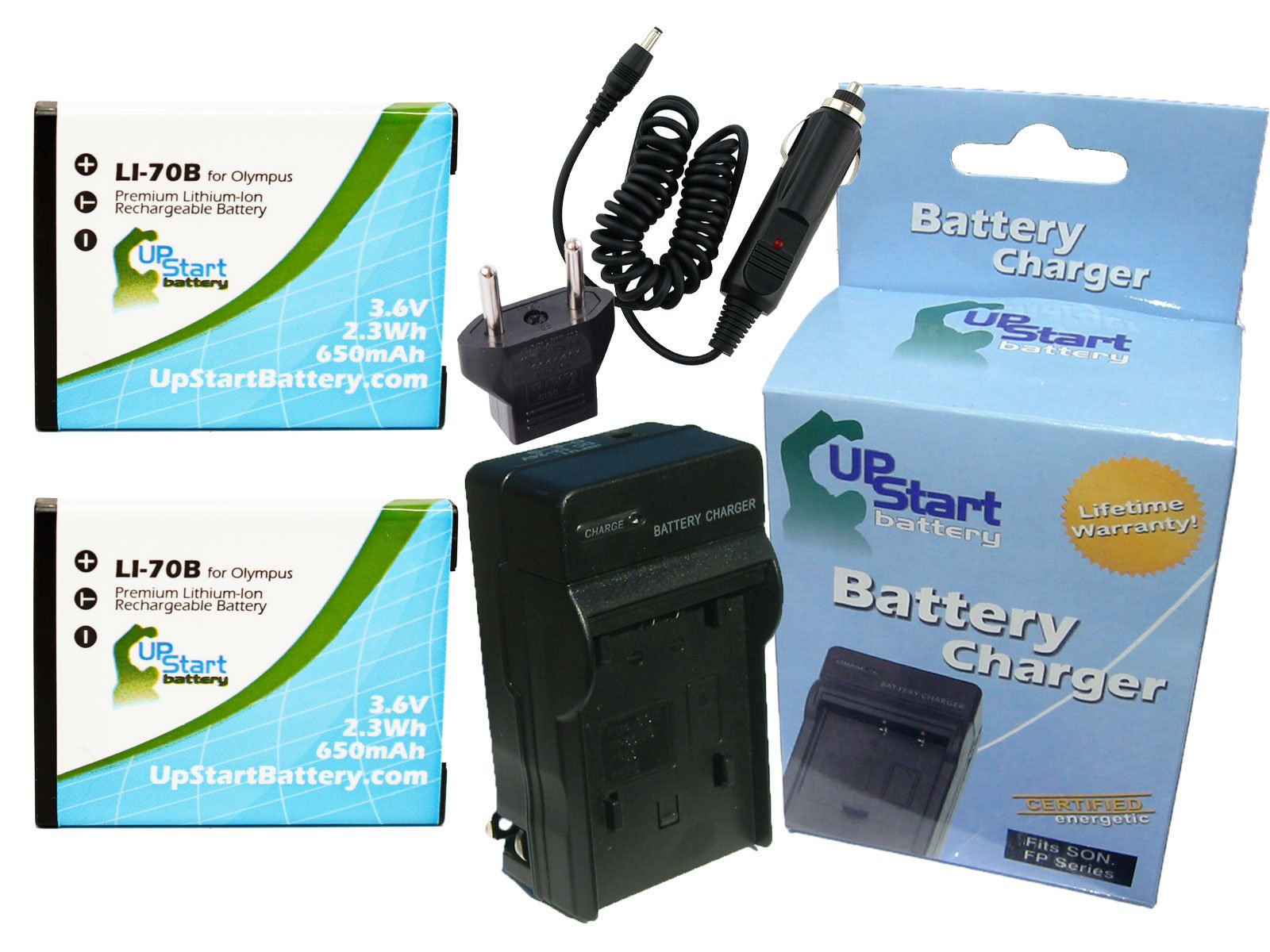 2 Pack Replacement Battery & Charger for Olympus D-705/LI-70B - 650mAh 3.6V Li-ion with Car & EU Adapters - Compatible with Olympus Digital Cameras - Perfect for Travel & Outdoor Photography