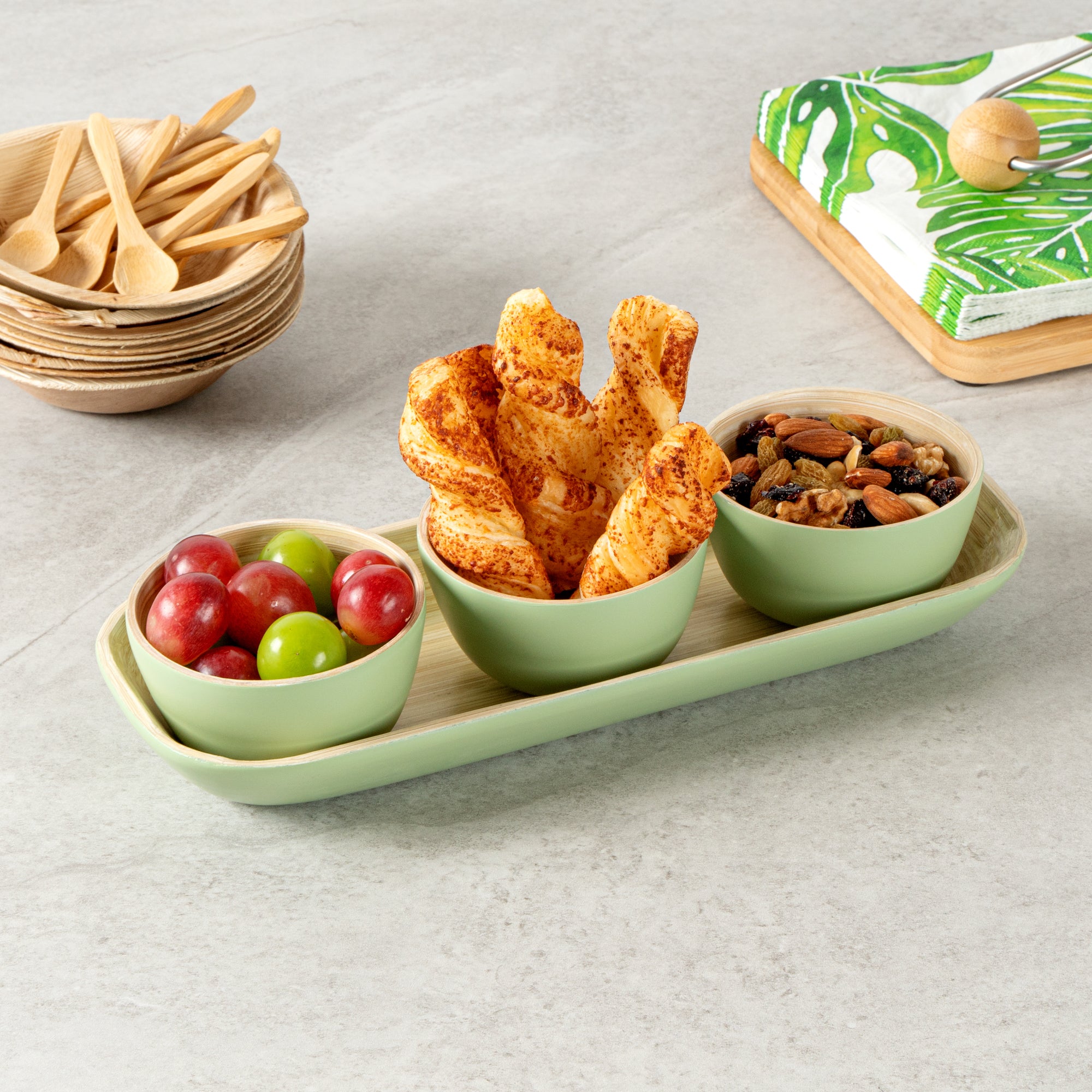 Eco-Friendly Bamboo Bowl Set with Tray - 3 Piece Reusable Dinnerware, 11.75