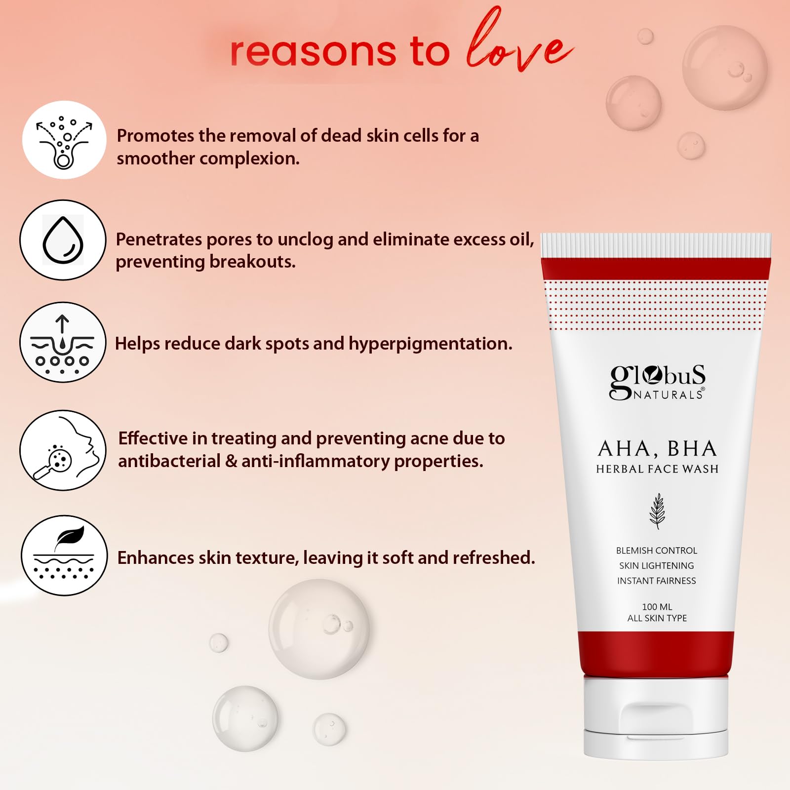 Globus Naturals Youth Extended Exfoliating Face Wash Cleanser with AHA & BHA - 100ml | Gentle Exfoliation for Clear, Radiant Skin | Perfect for Daily Skincare Routine & Acne-Prone Skin